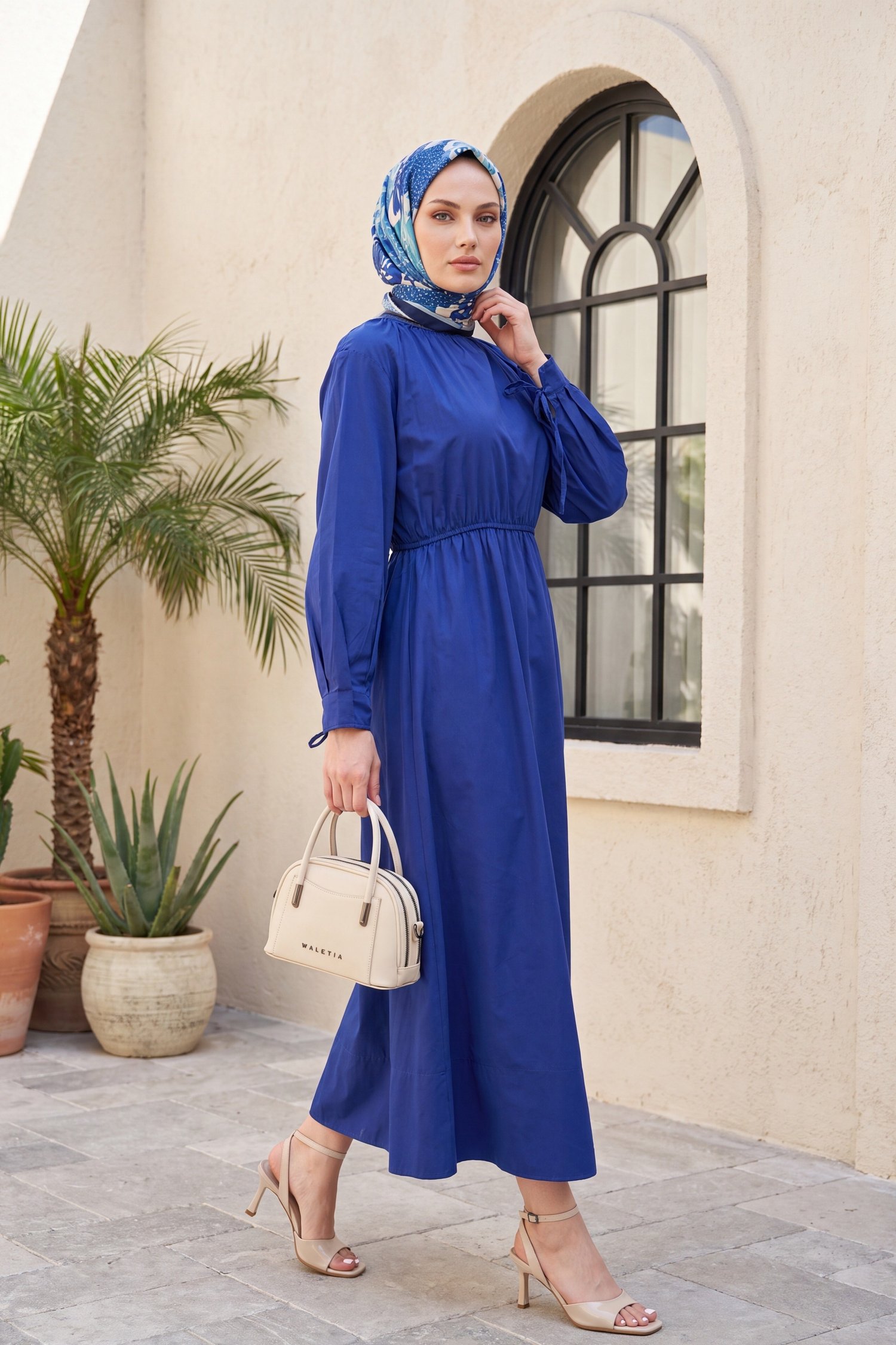 Bağlama Detaylı Beli Lastikli Poplin Elbise -Saks