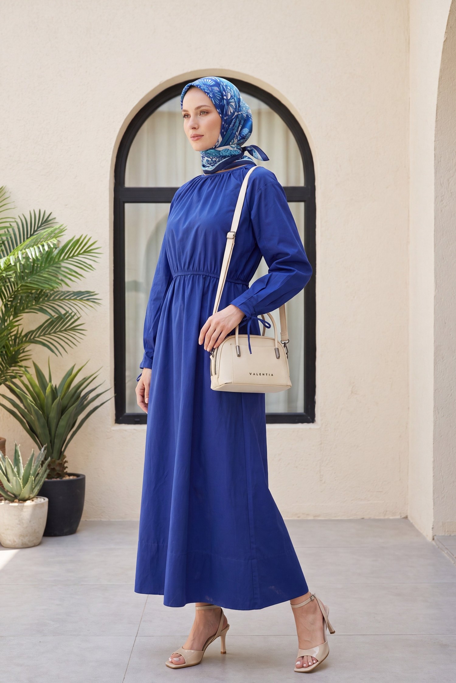 Bağlama Detaylı Beli Lastikli Poplin Elbise -Saks