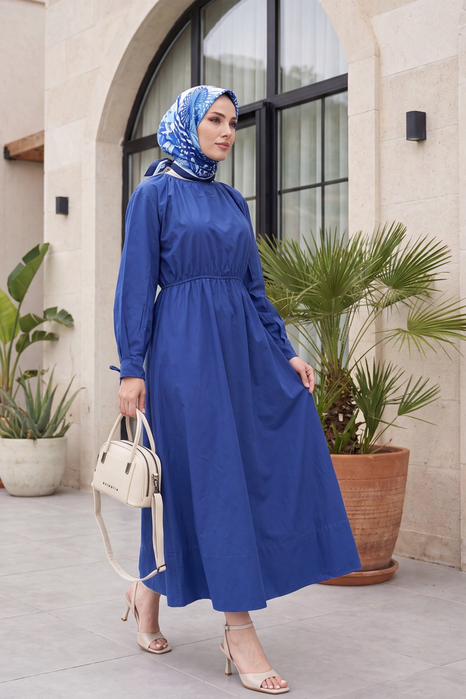 Bağlama Detaylı Beli Lastikli Poplin Elbise -Saks