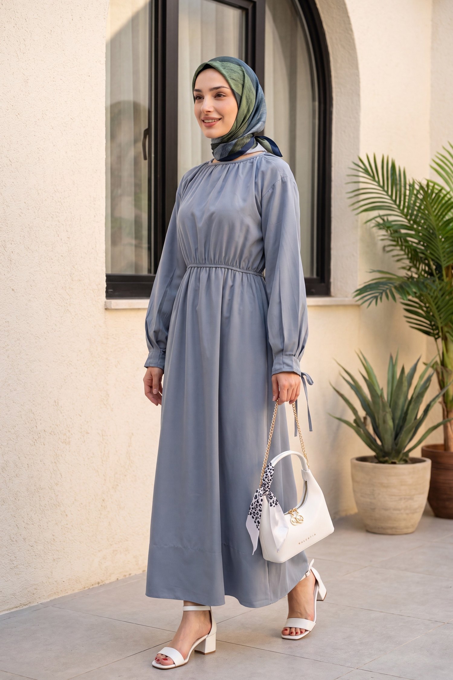 Bağlama Detaylı Beli Lastikli Poplin Elbise -Mavi