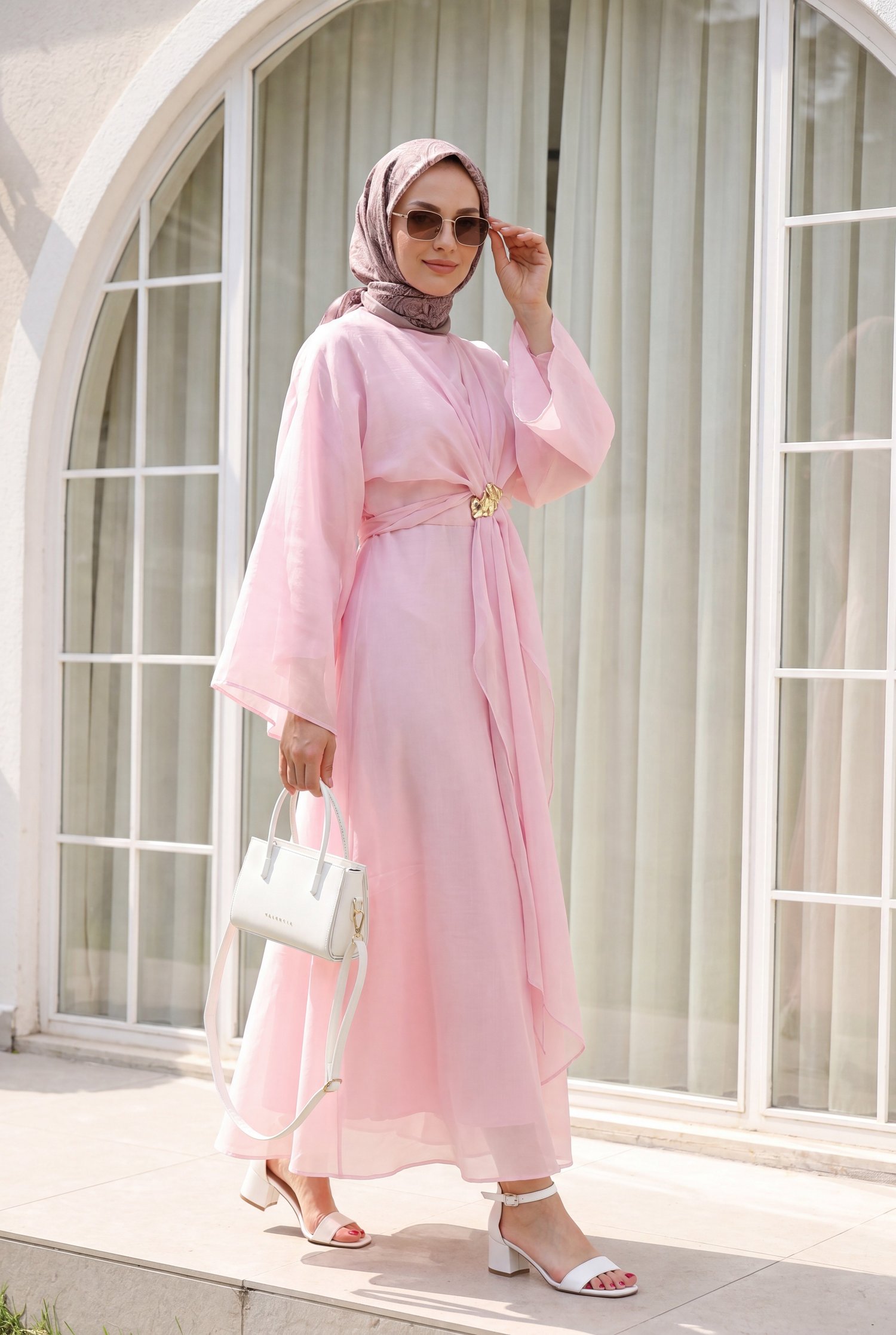Bağlamalı Bolerolu Astarlı Uzun Tül Modal Elbise -Pembe