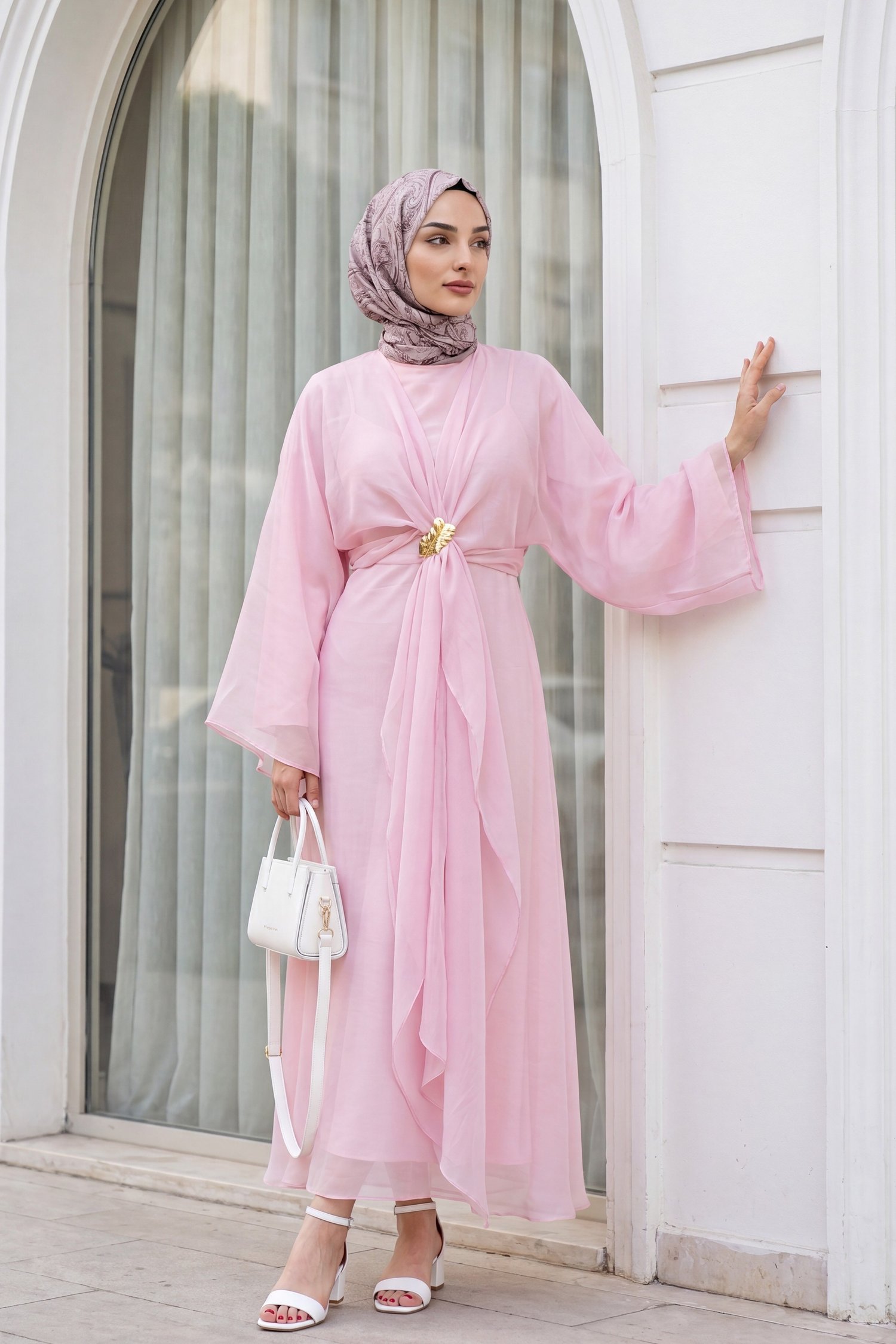 Bağlamalı Bolerolu Astarlı Uzun Tül Modal Elbise -Pembe