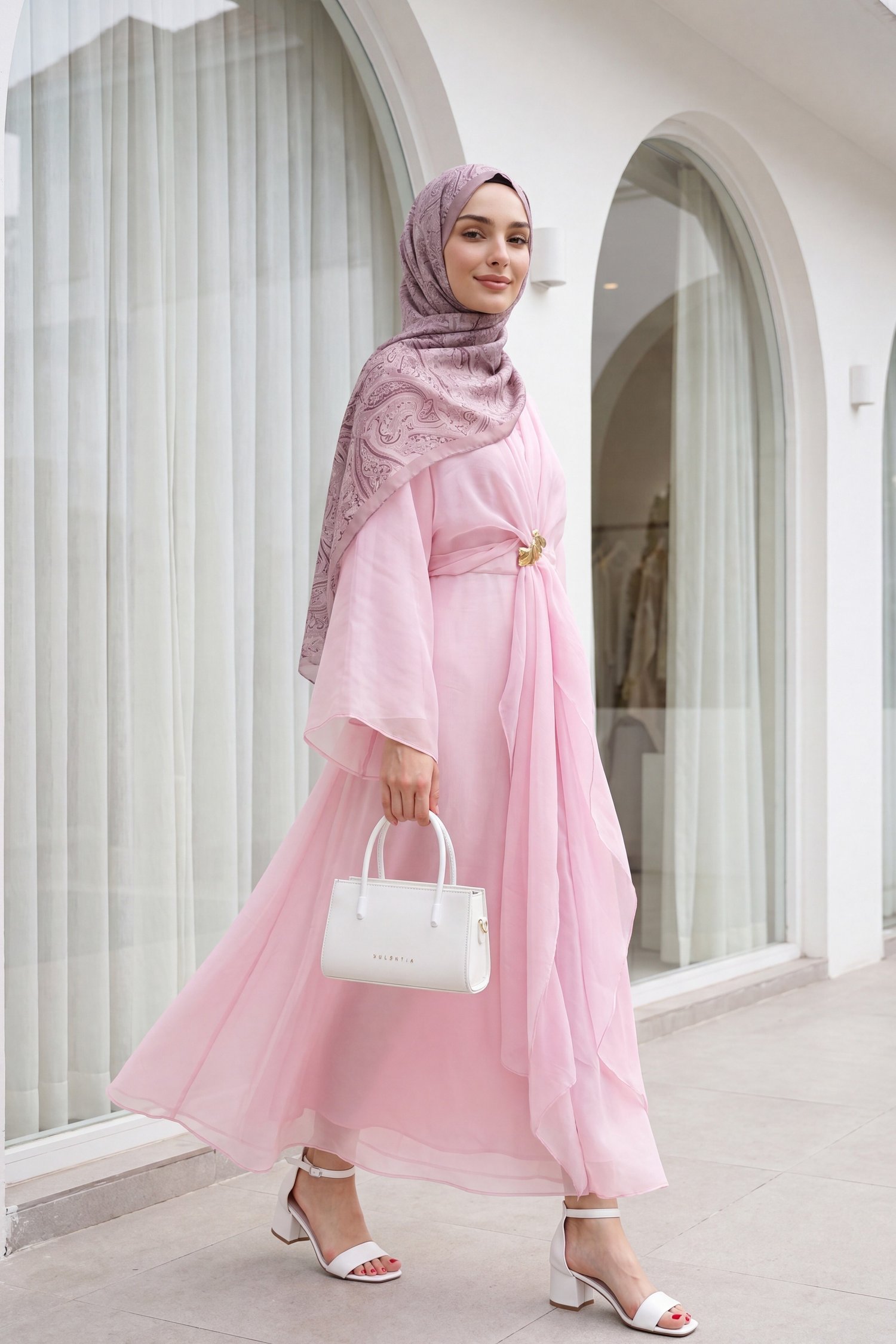 Bağlamalı Bolerolu Astarlı Uzun Tül Modal Elbise -Pembe