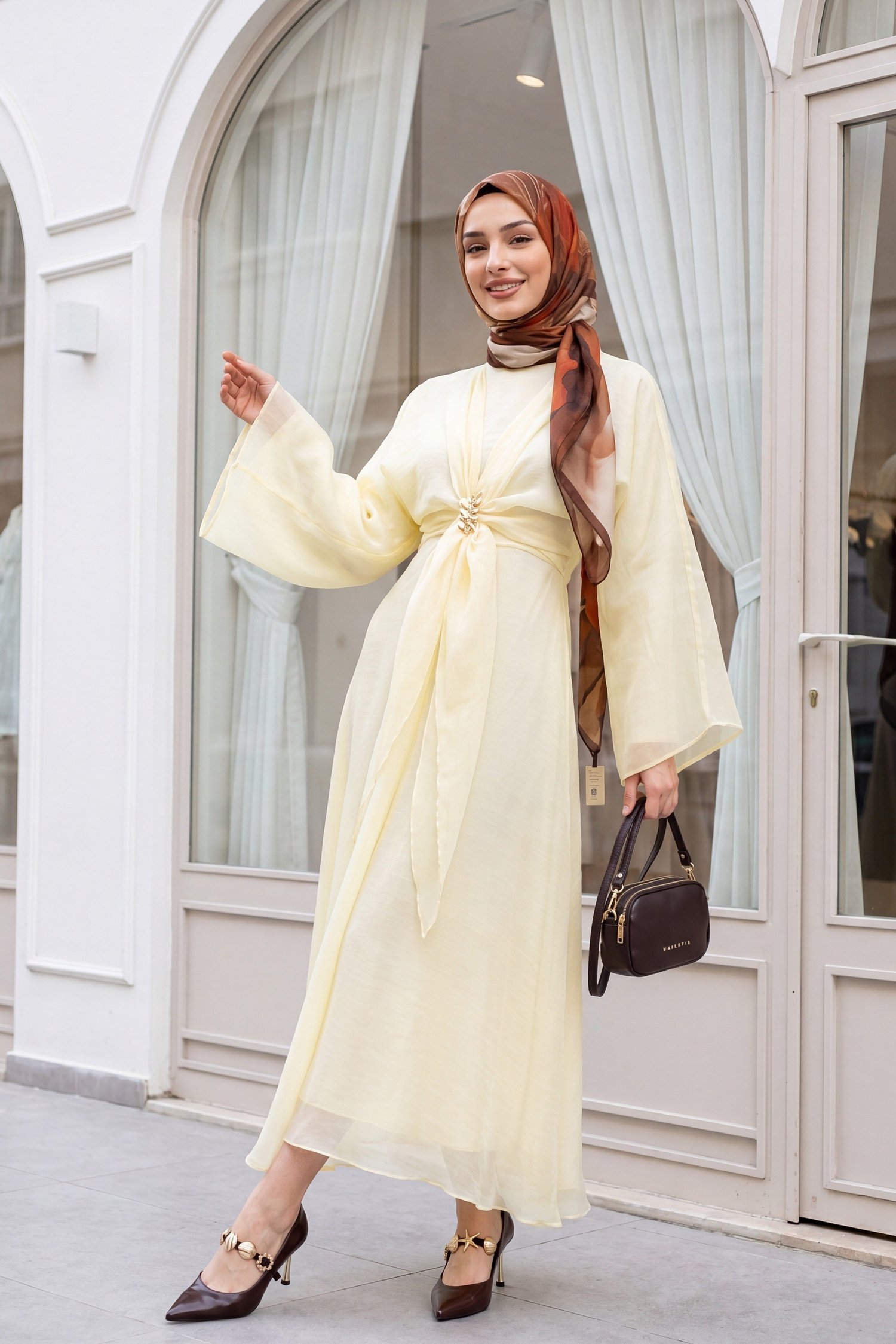 Bağlamalı Bolerolu Astarlı Uzun Tül Modal Elbise -Sarı