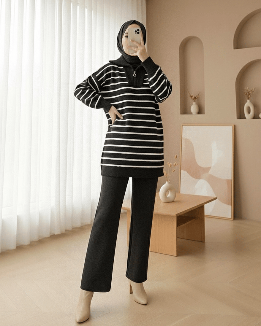 Balıkçı Yaka Fermuarlı Çizgili Triko Takım -Antrasit