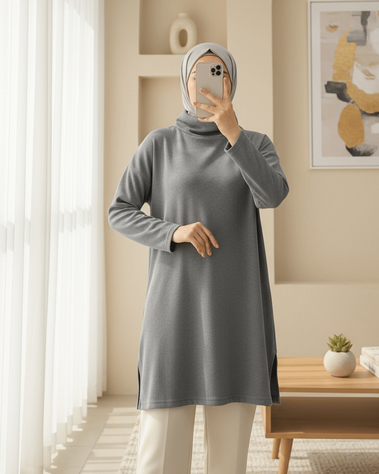 Balıkçı Yaka Yırtmaçlı Selanik Tunik   -Gri