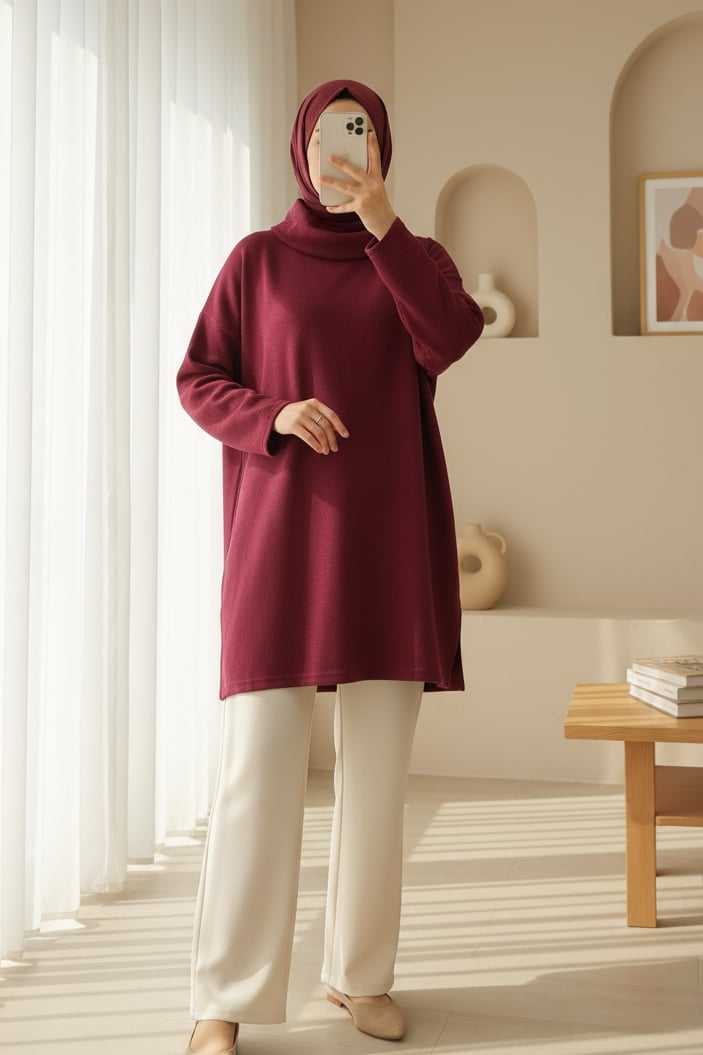 Balıkçı Yaka Yırtmaçlı Selanik Tunik  -Bordo