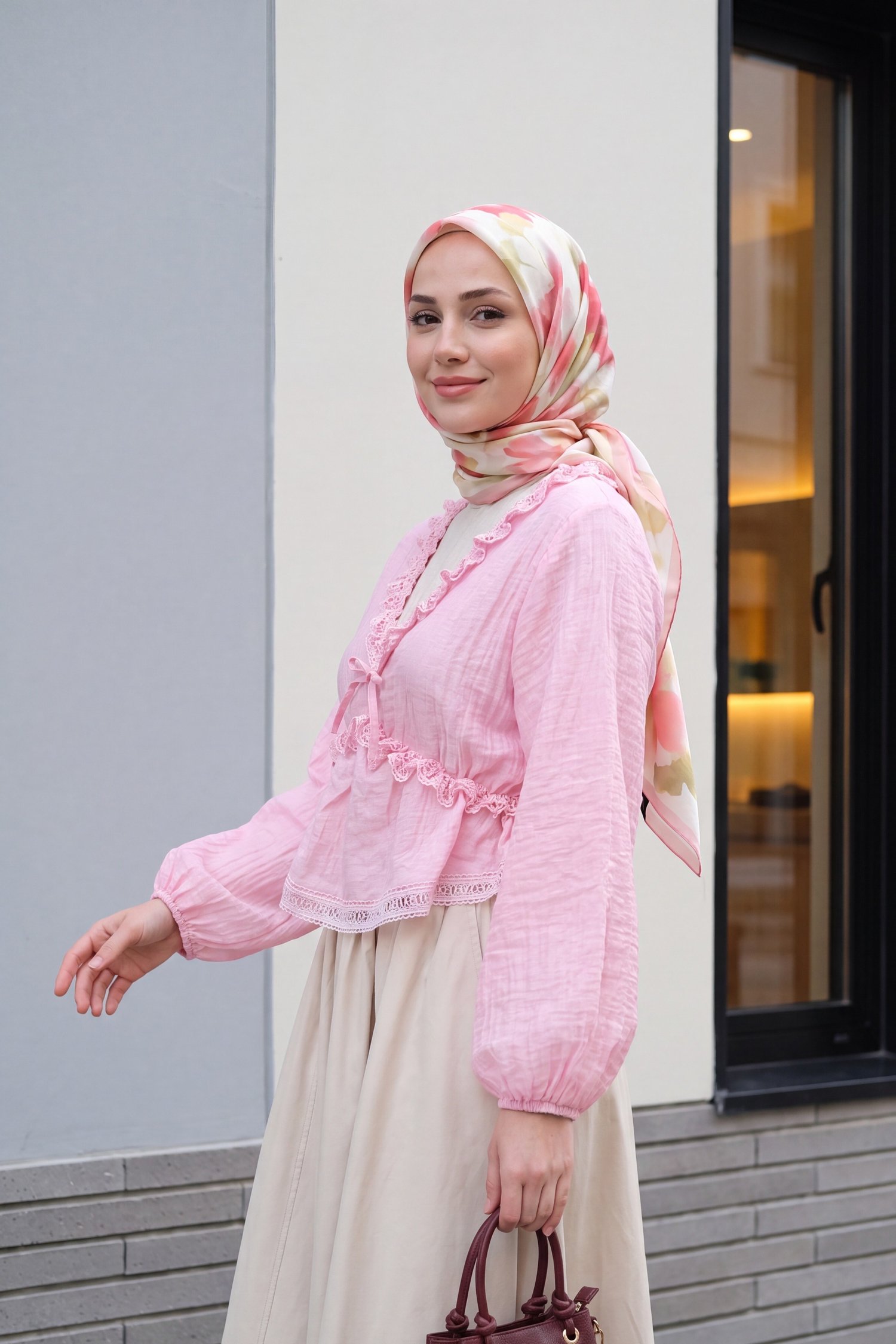 Balon Kol Dantel Detaylı Beli Lastikli Viskon Bluz -Pembe