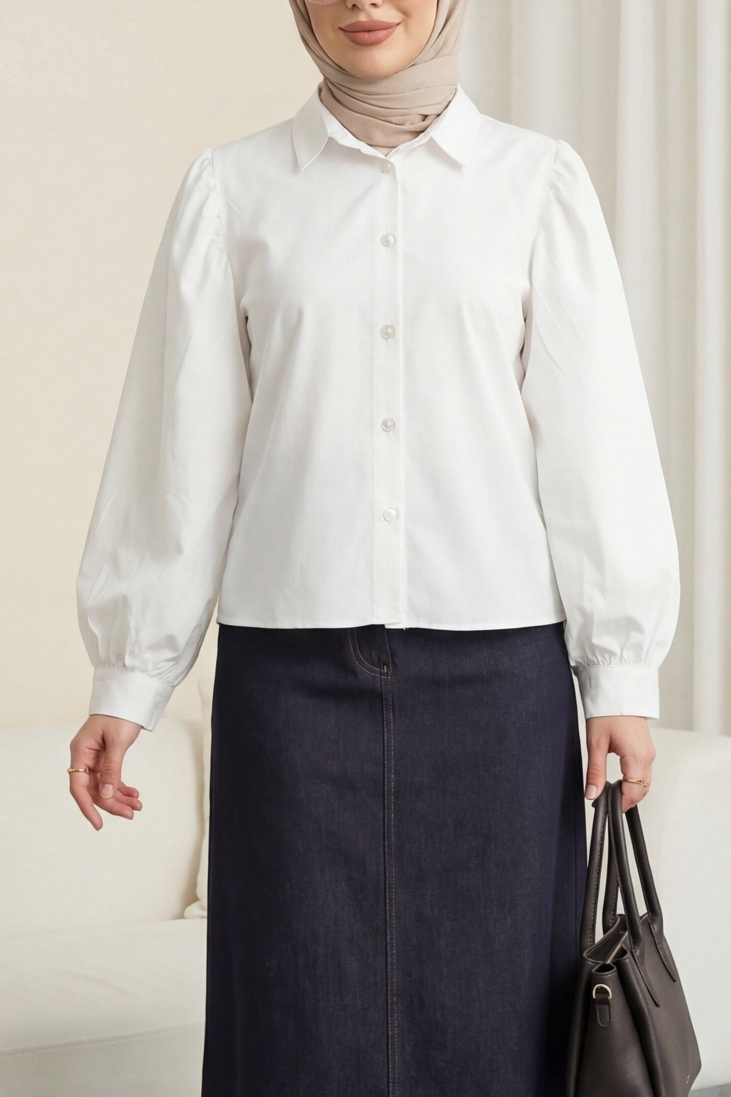 Balon Kol Düğmeli Kısa Poplin Gömlek -Beyaz