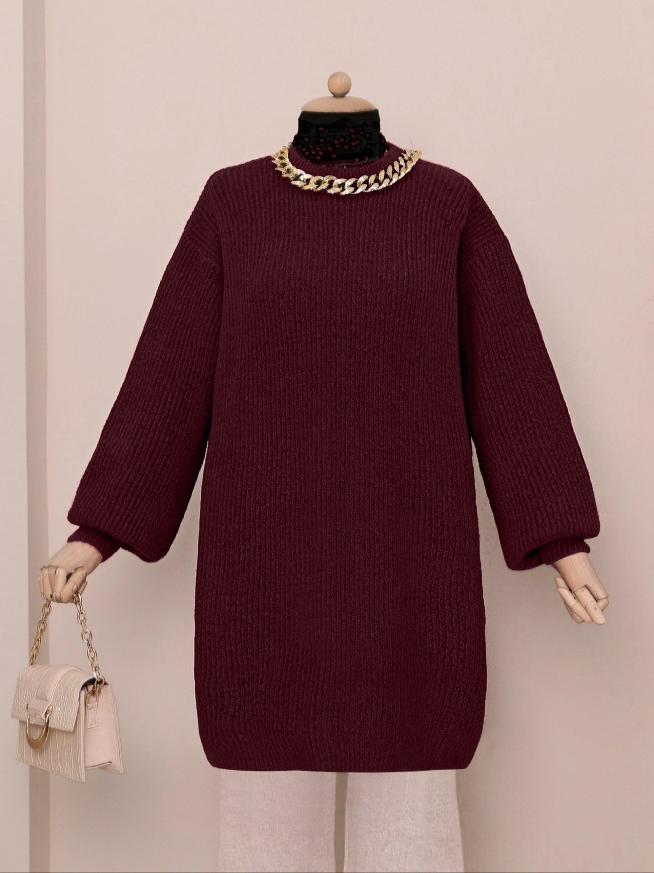 Balon Kol Yumoş Örme Triko Tunik    -Bordo