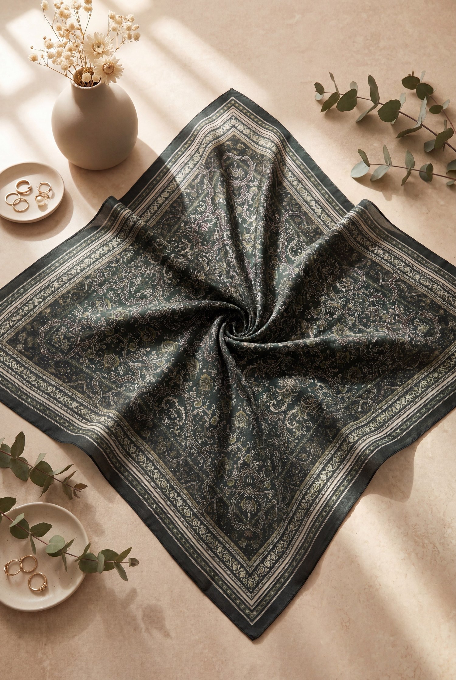 Barok Desen Coton Eşarp -Haki