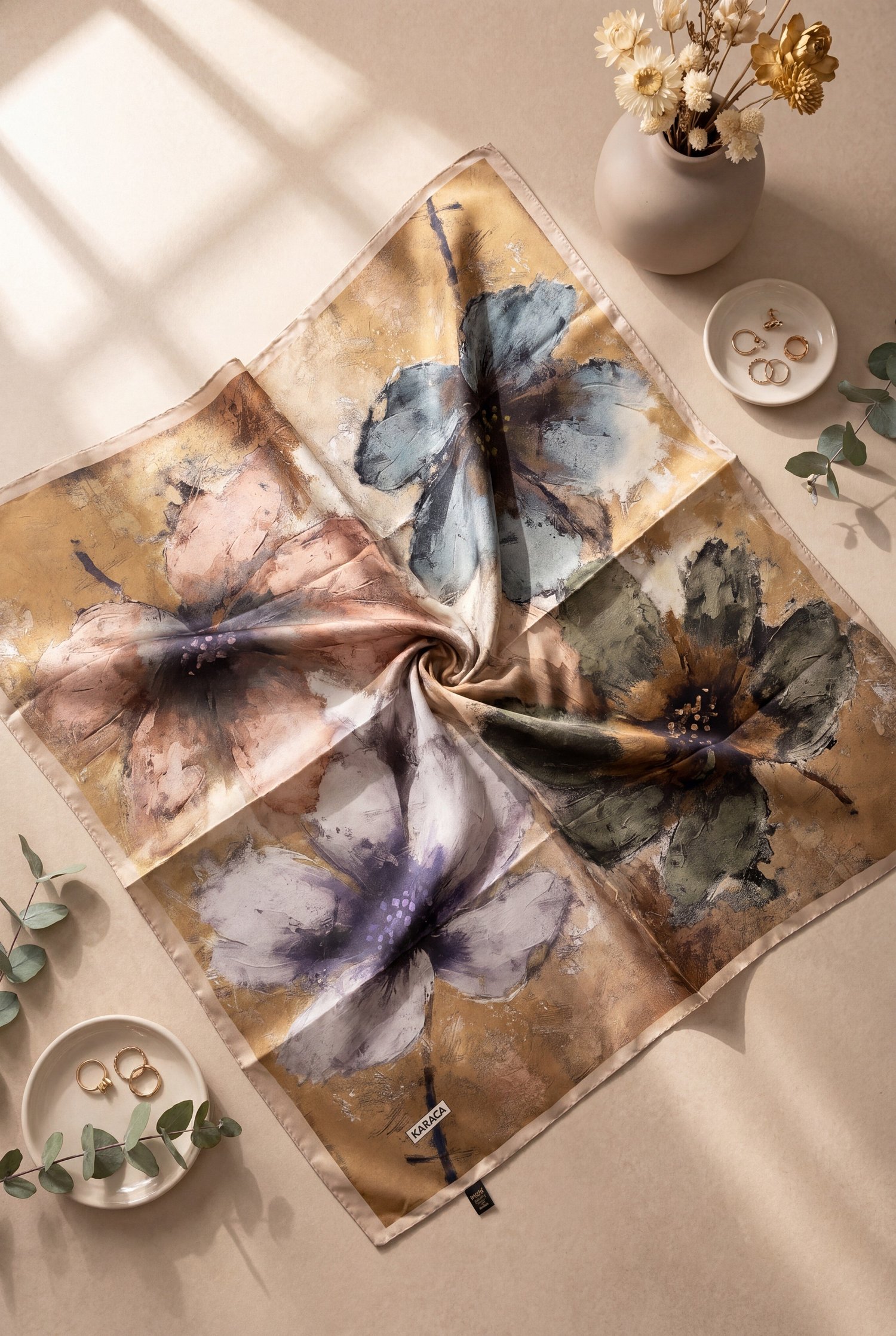 Baskı Efektli Rayon Eşarp -Bej