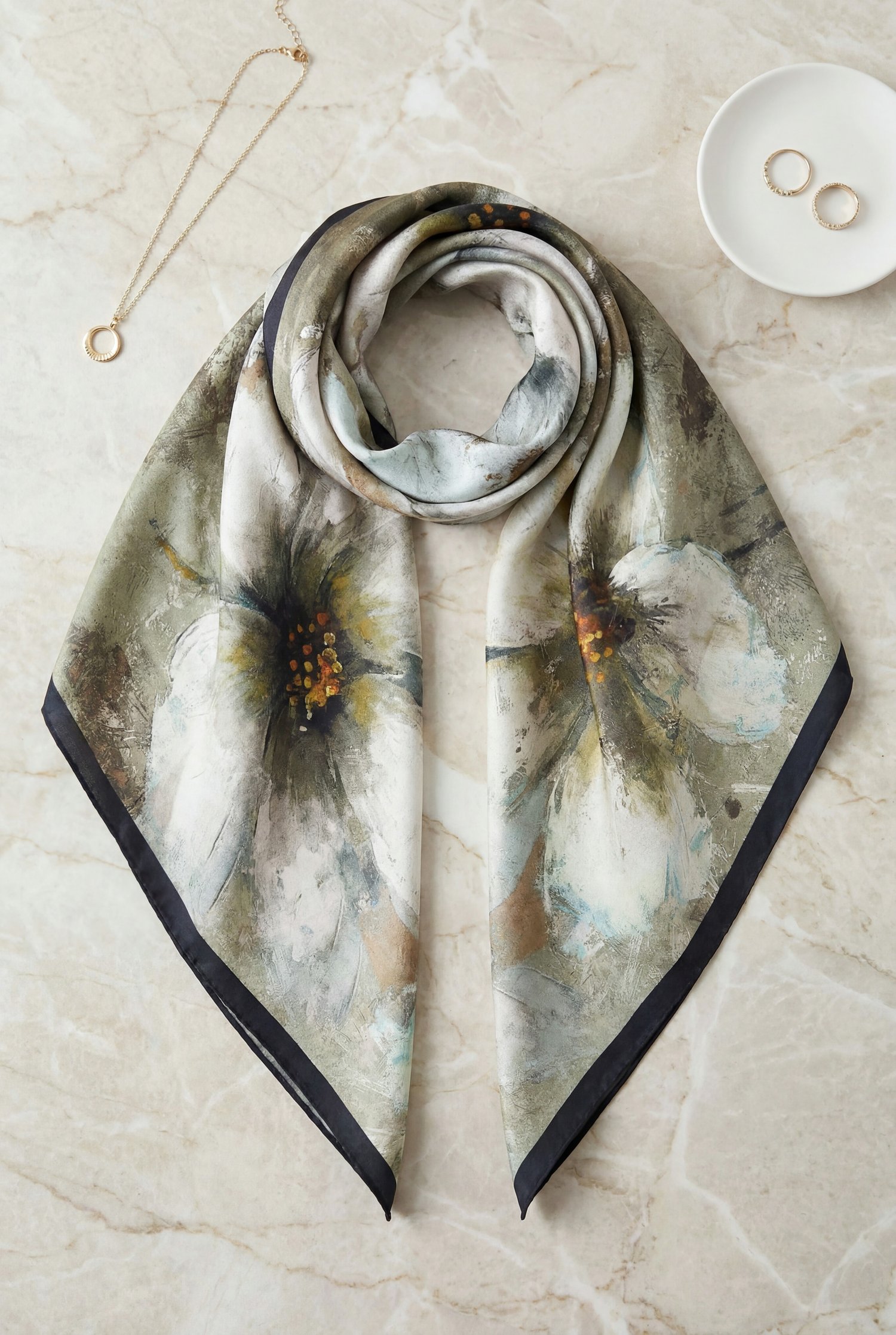 Baskı Efektli Rayon Eşarp -Haki