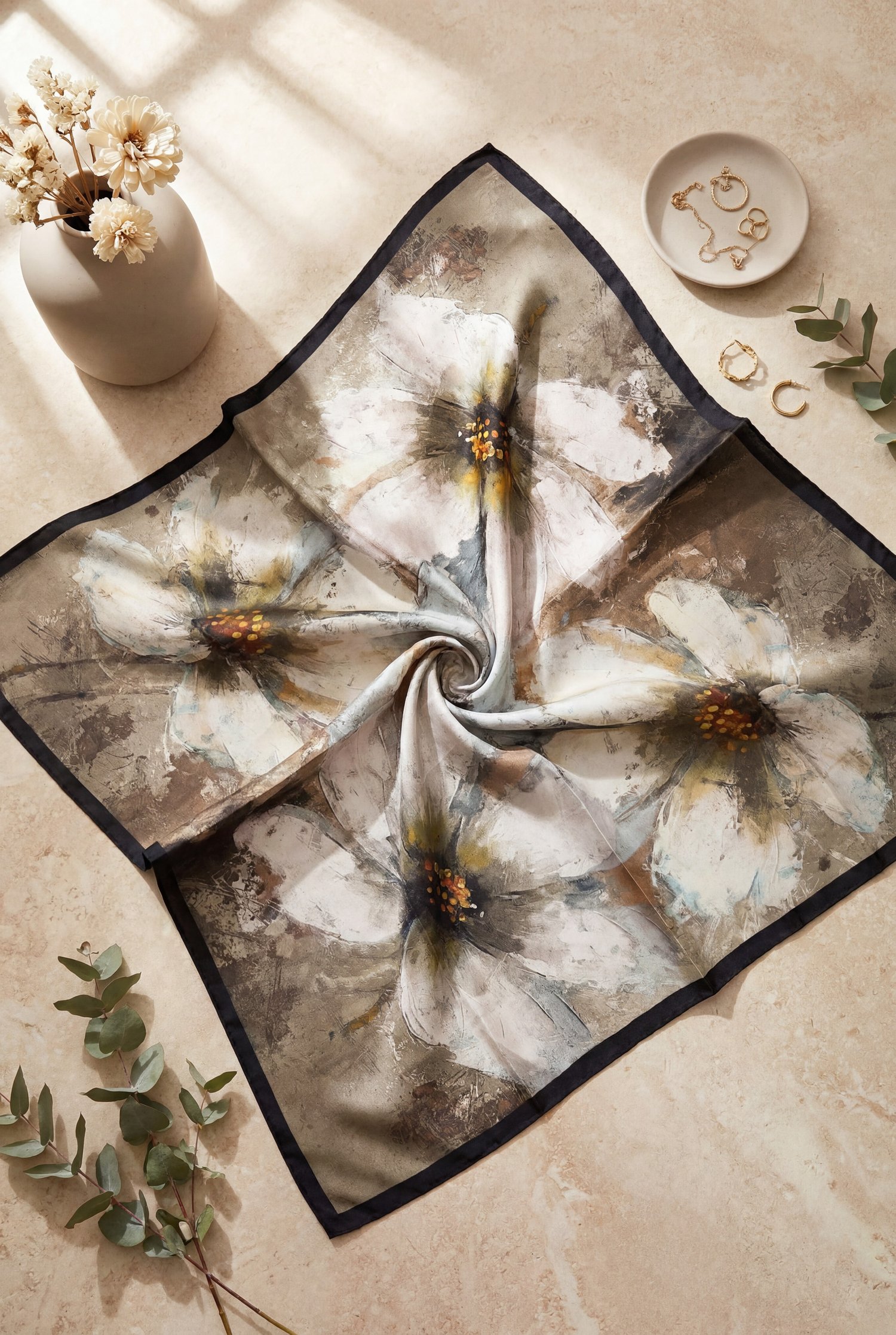 Baskı Efektli Rayon Eşarp -Haki