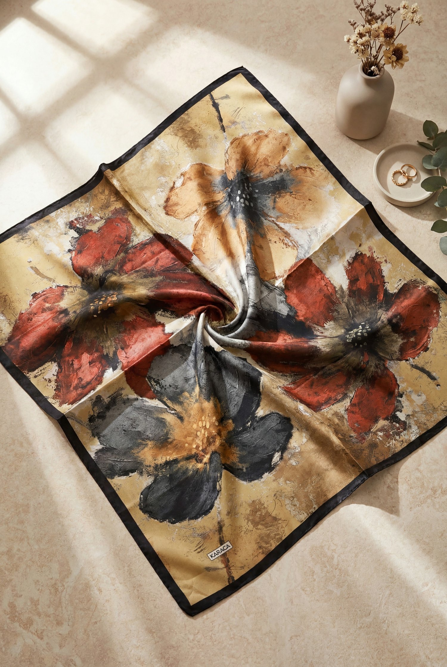 Baskı Efektli Rayon Eşarp -Hardal