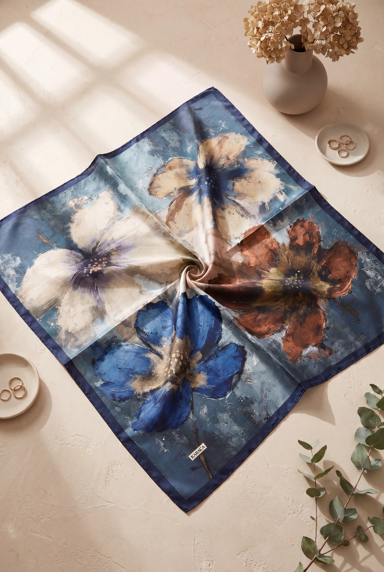 Baskı Efektli Rayon Eşarp -Koyu Lacivert