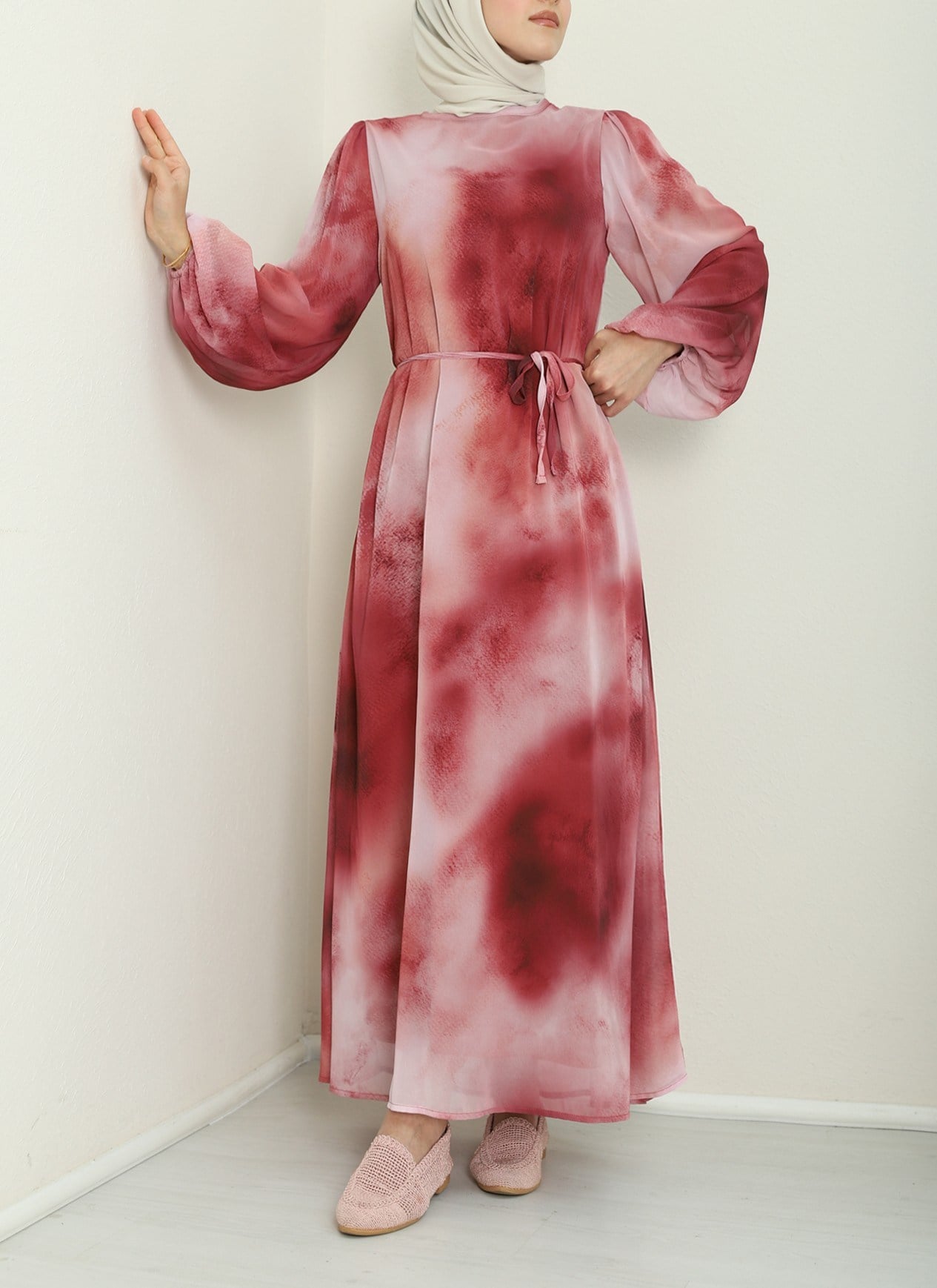 Batik Baskılı Astarlı Şifon Elbise  -Bordo