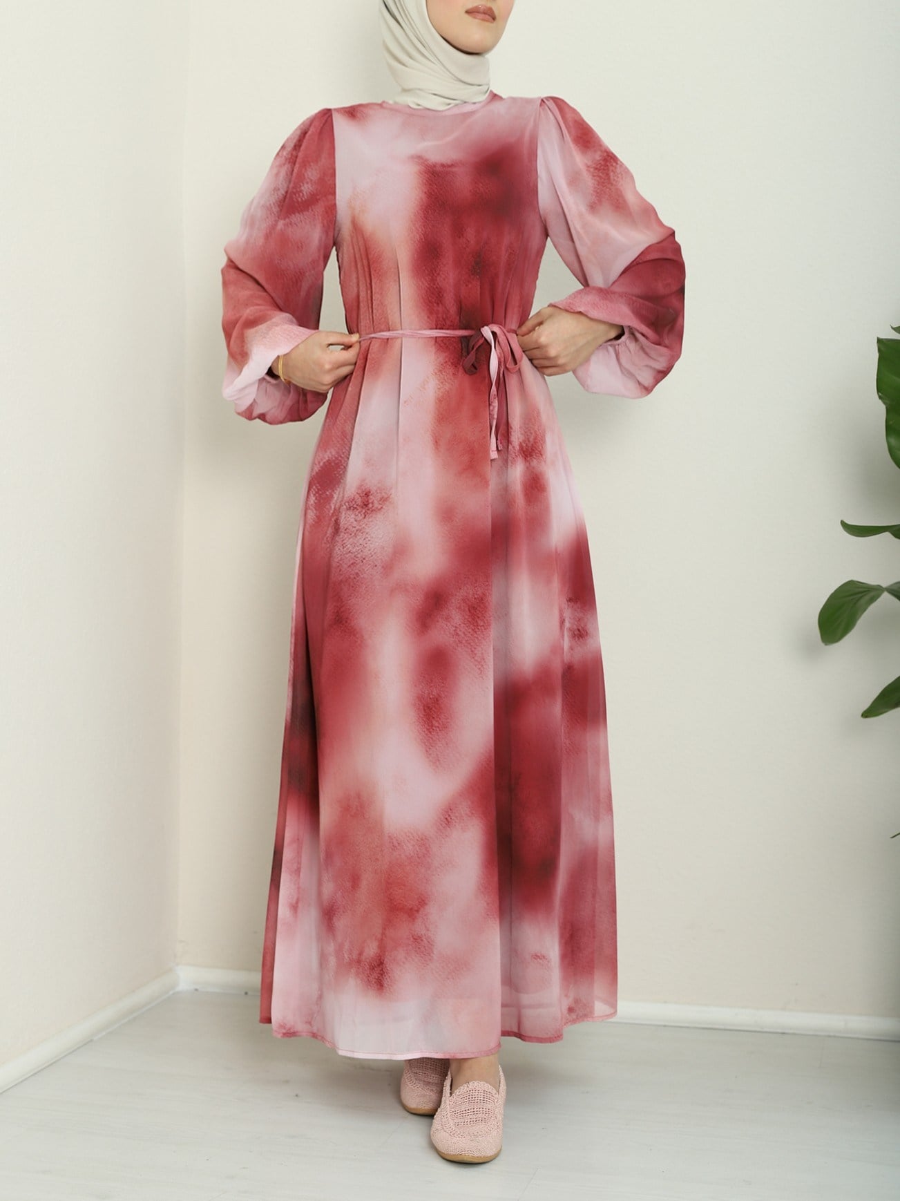 Batik Baskılı Astarlı Şifon Elbise  -Bordo