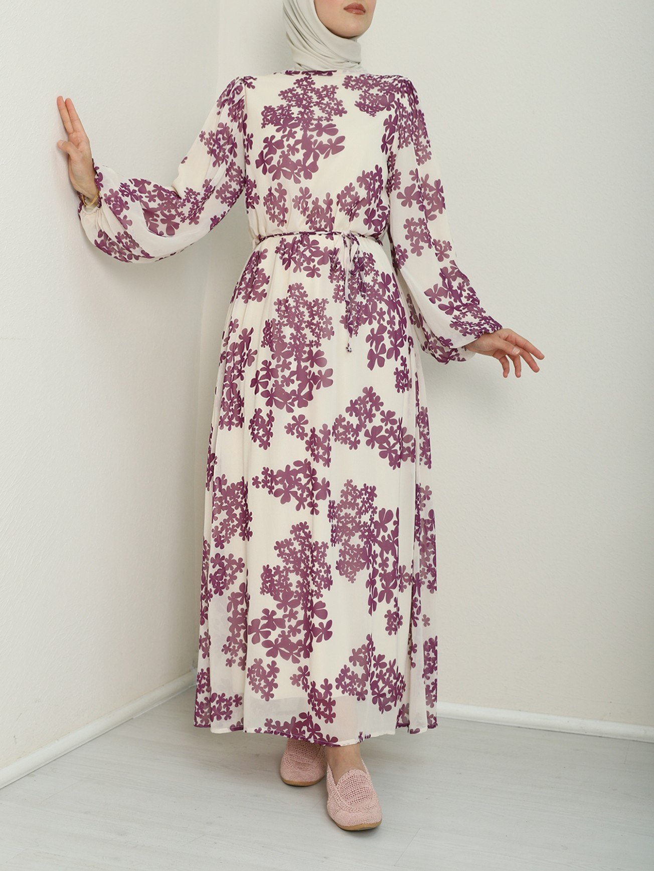 Batik Baskılı Astarlı Şifon Elbise  -Mor