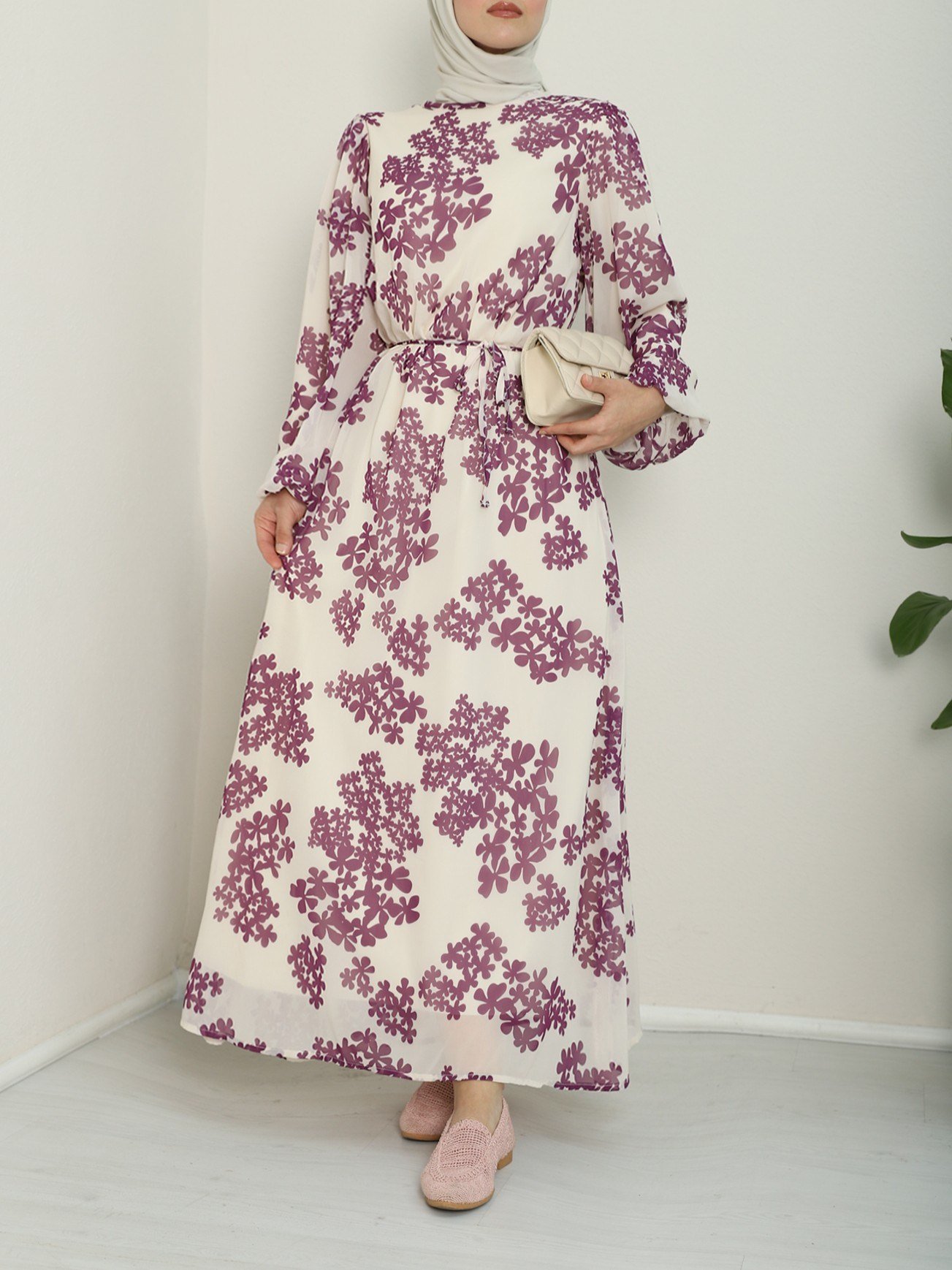 Batik Baskılı Astarlı Şifon Elbise  -Mor