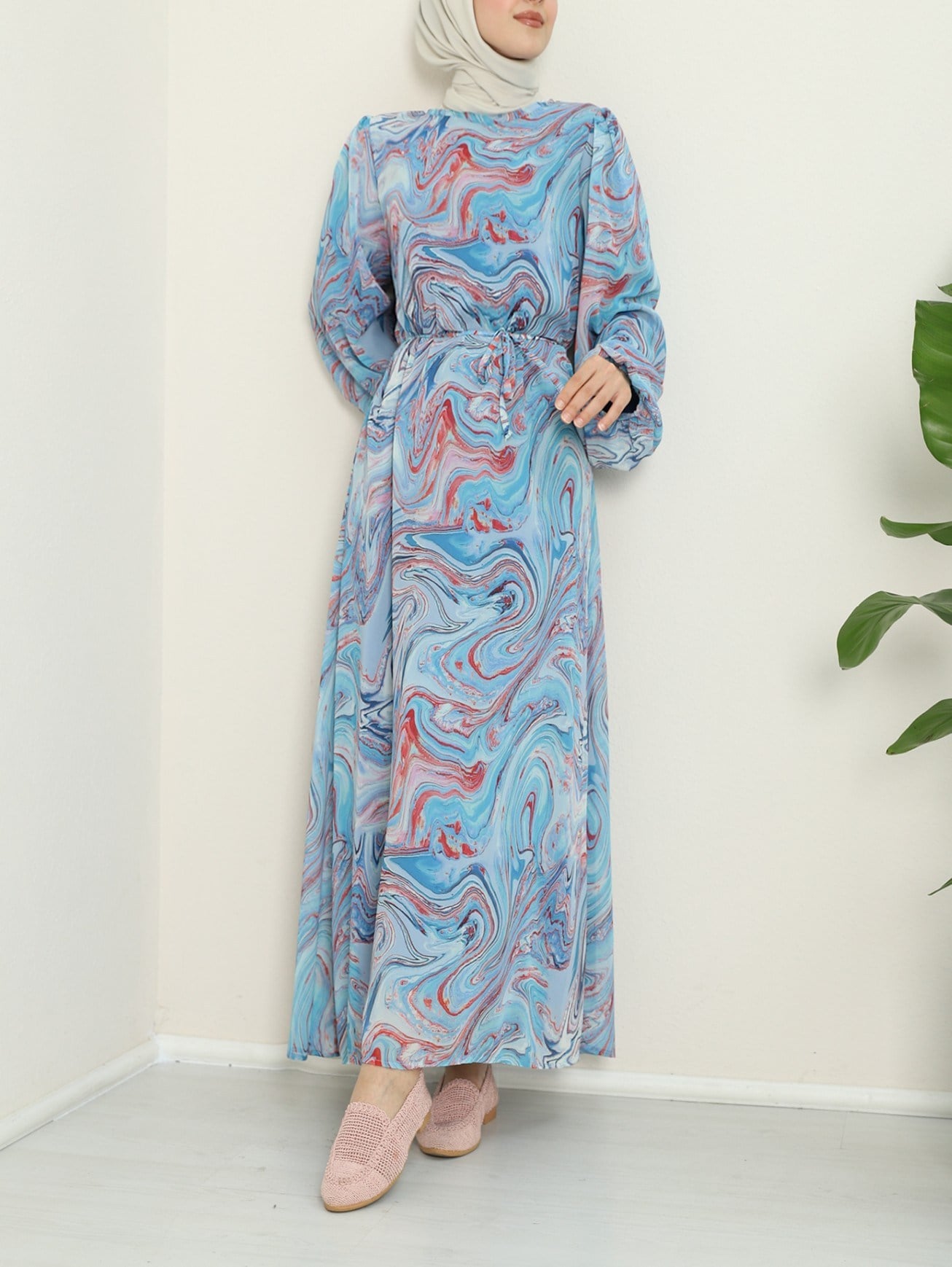 Batik Baskılı Astarlı Şifon Elbise -Mavi