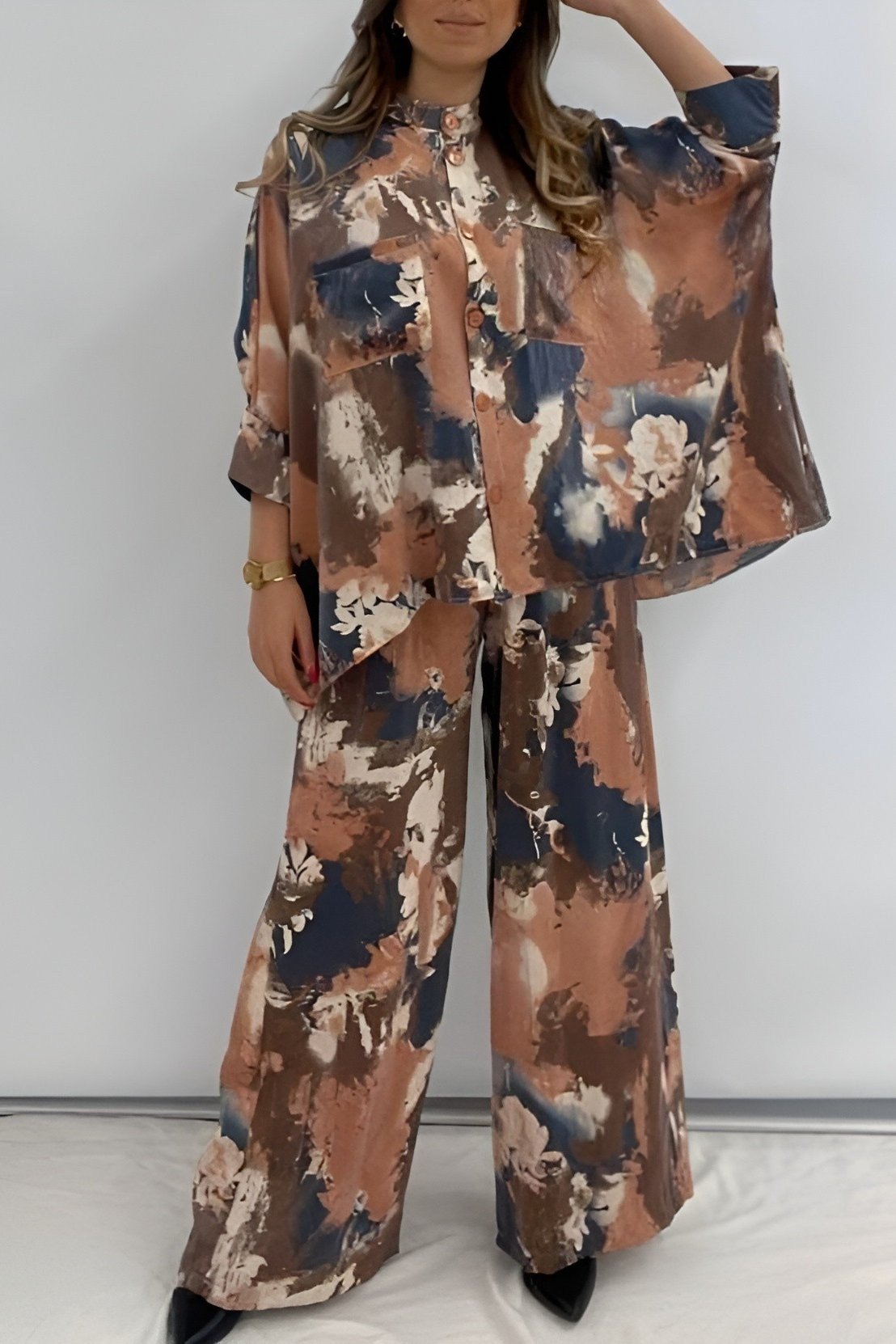 Batik Baskılı Mikro Simli Salaş Takım -Nar Çiçeği
