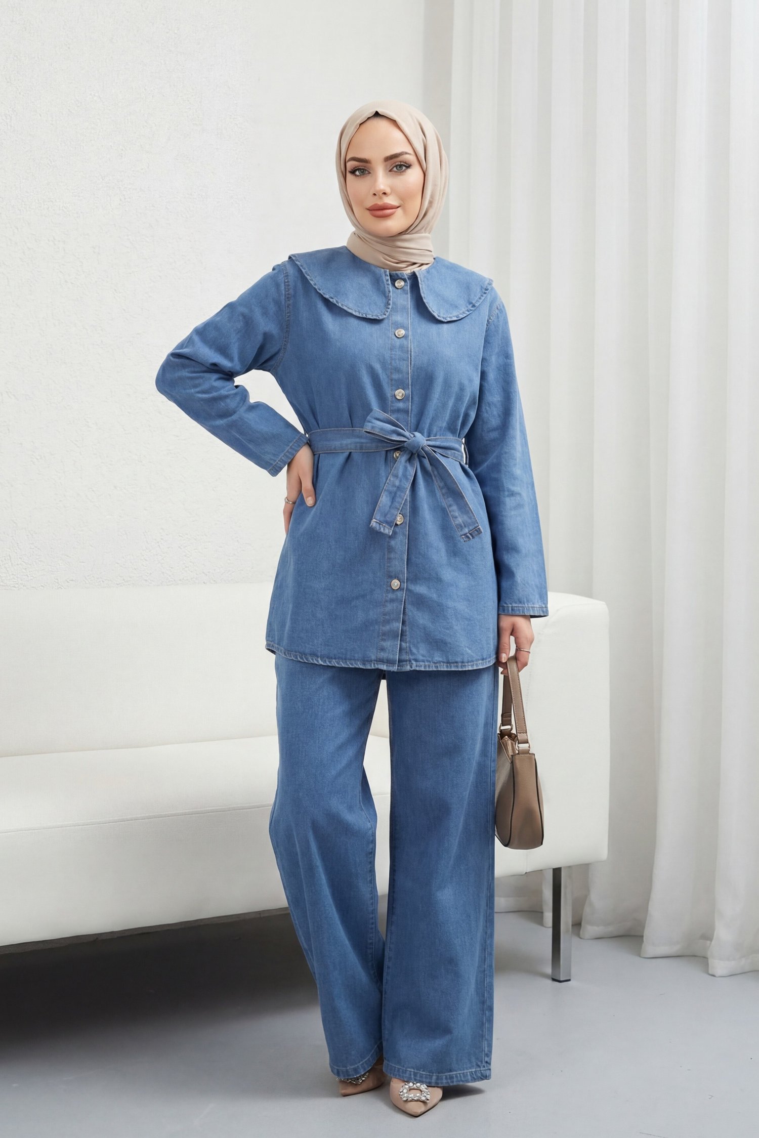Bebe Yaka Beli Kemerli Önü Düğmeli Pantolonlu Kot Takım  -Buz Mavi