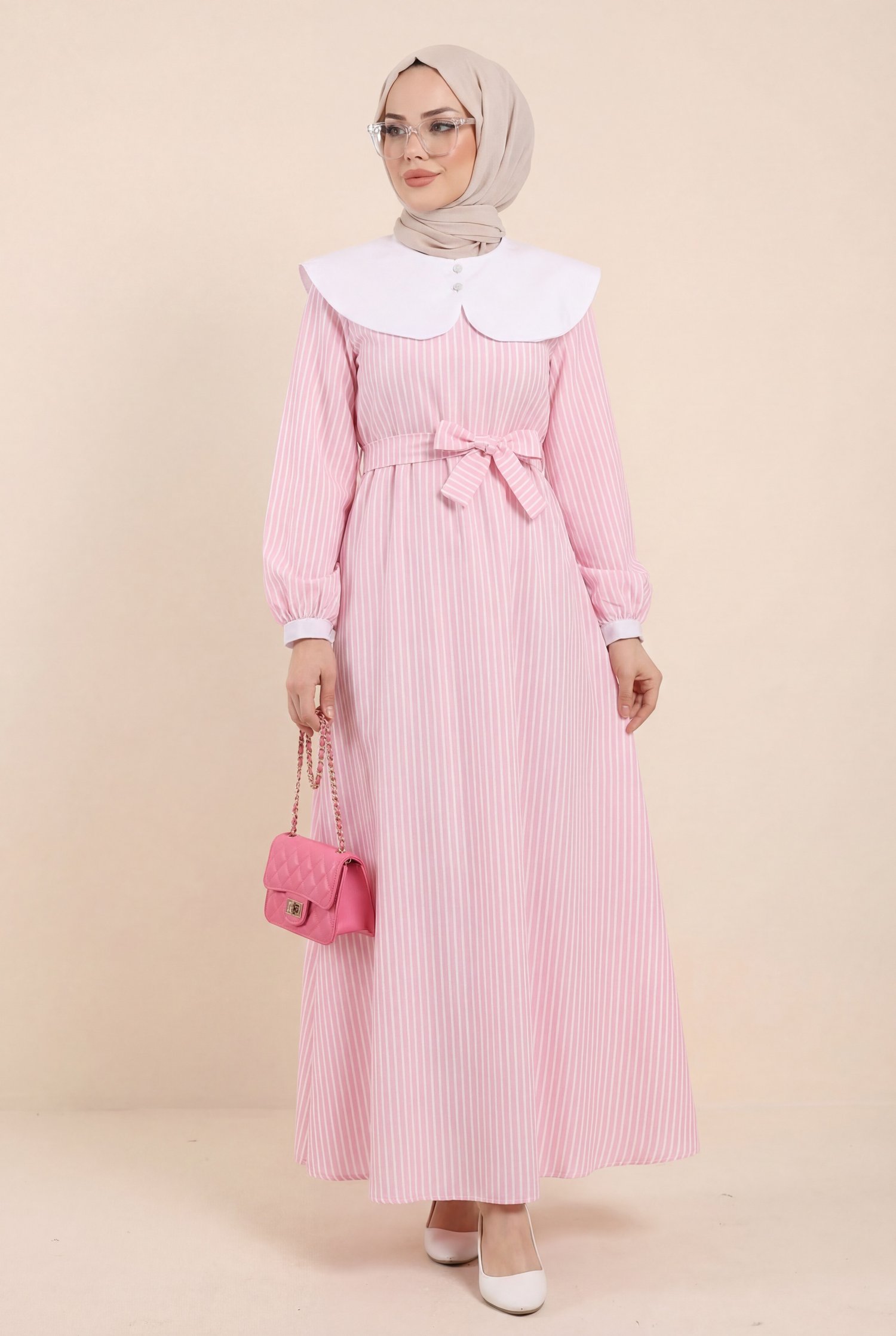 Bebe Yaka Çizgili Beli Lastikli Uzun Elbise -Pembe