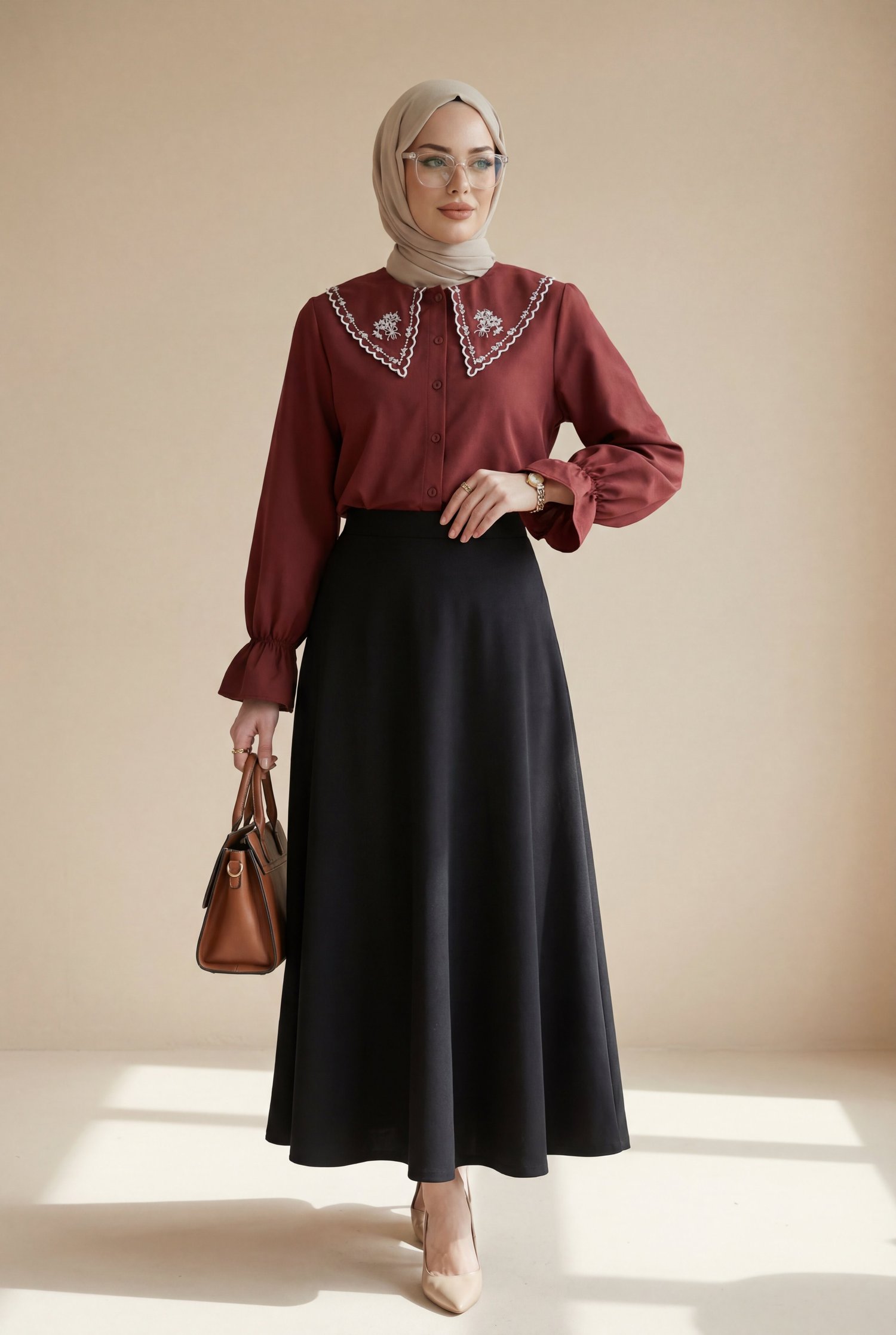 Bebe Yaka Fistolu Kolu Lastikli Poplin Gömlek Bluz -Bordo