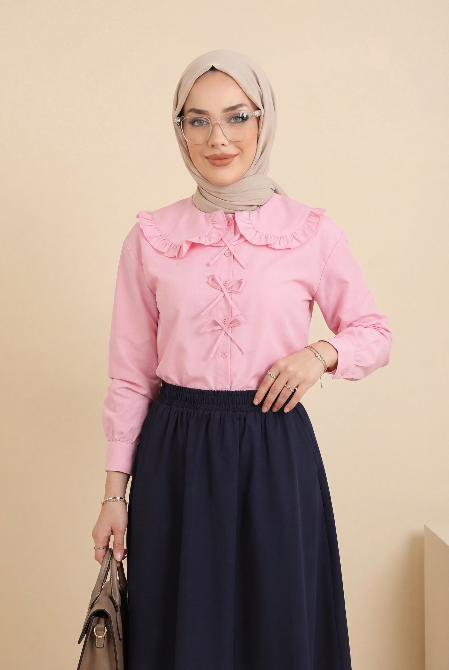 Bebe Yaka Kurdele Detaylı Gömlek     -Pembe