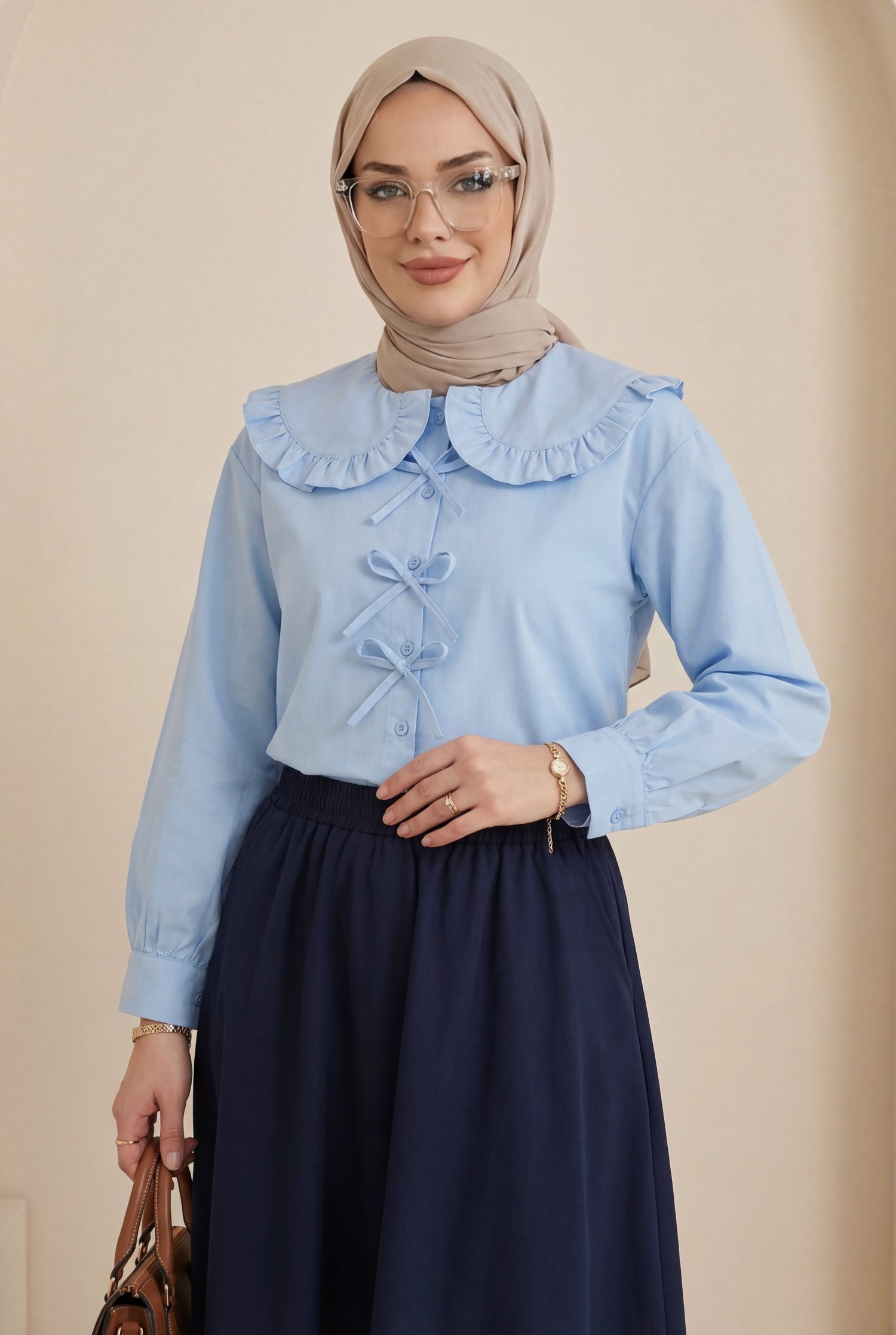 Bebe Yaka Kurdele Detaylı Gömlek  -Bebe Mavi