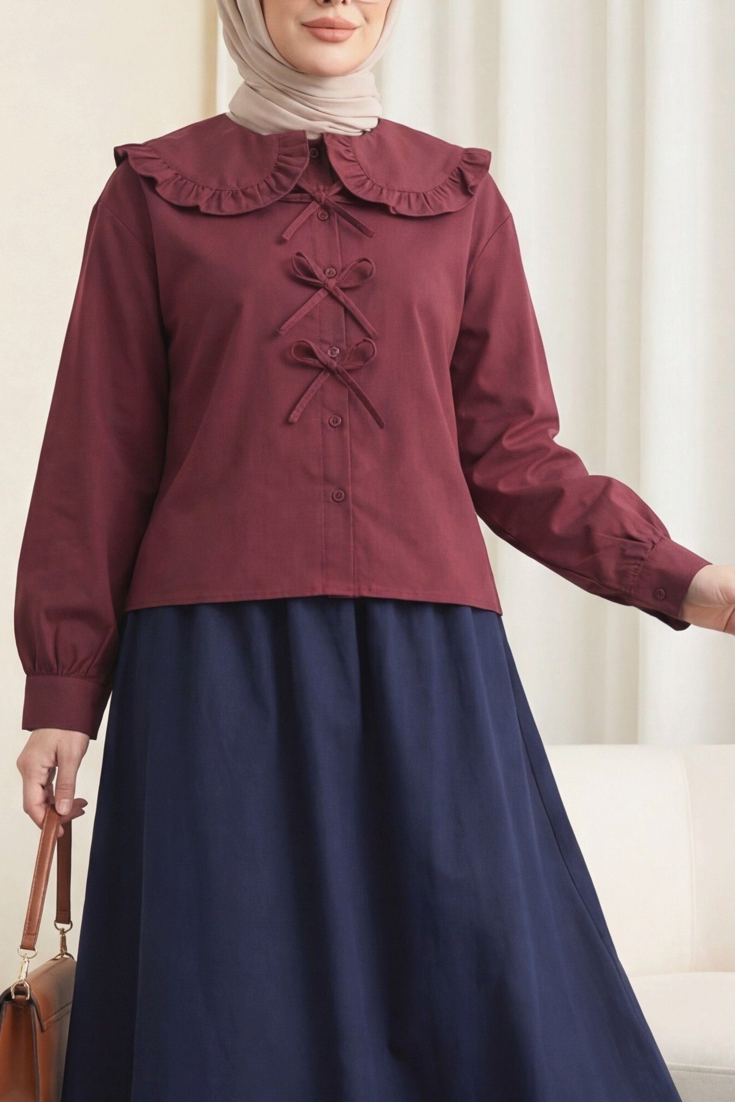 Bebe Yaka Kurdele Detaylı Gömlek  -Bordo