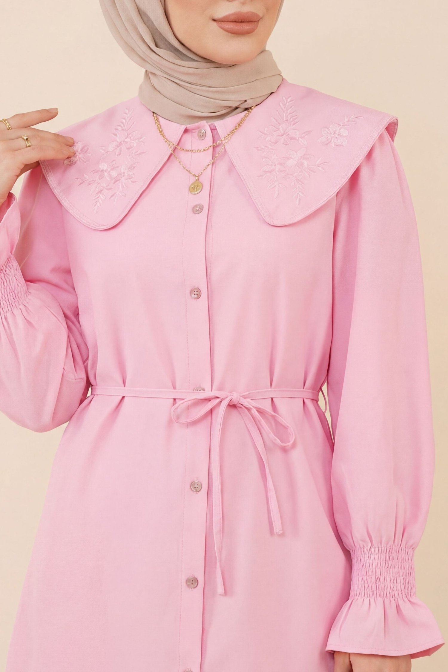 Bebe Yaka Nakışlı Beli Bağlamalı Poplin Gömlek -Pembe
