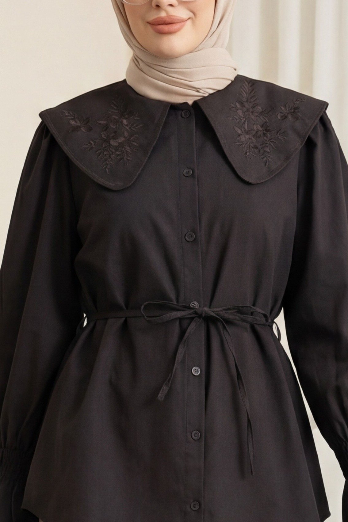 Bebe Yaka Nakışlı Beli Bağlamalı Poplin Gömlek -Koyu Kahverengi