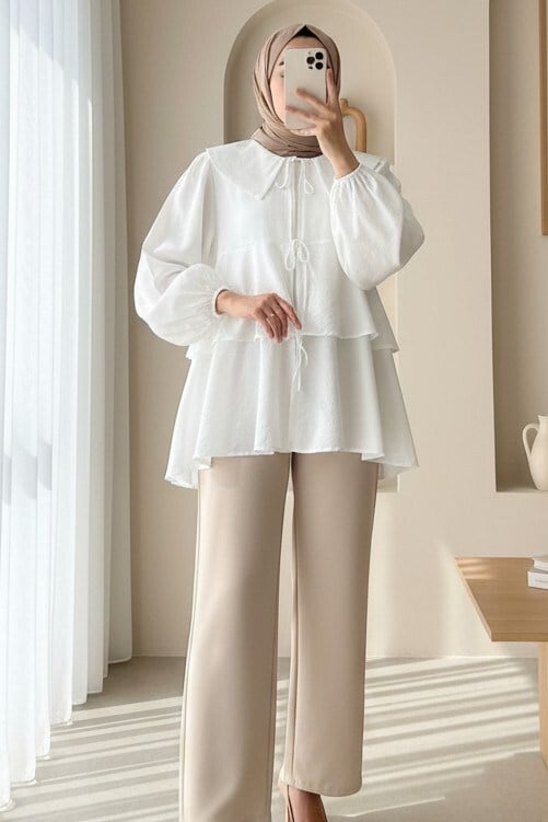 Bebe Yaka Önü Bağcıklı Eteği Katlı Kimono -Beyaz