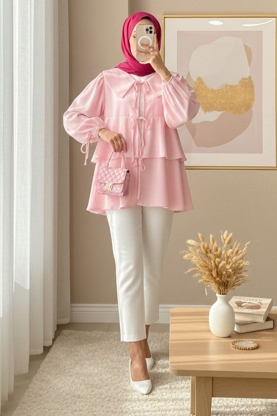 Bebe Yaka Önü Bağcıklı Eteği Katlı Kimono -Pembe