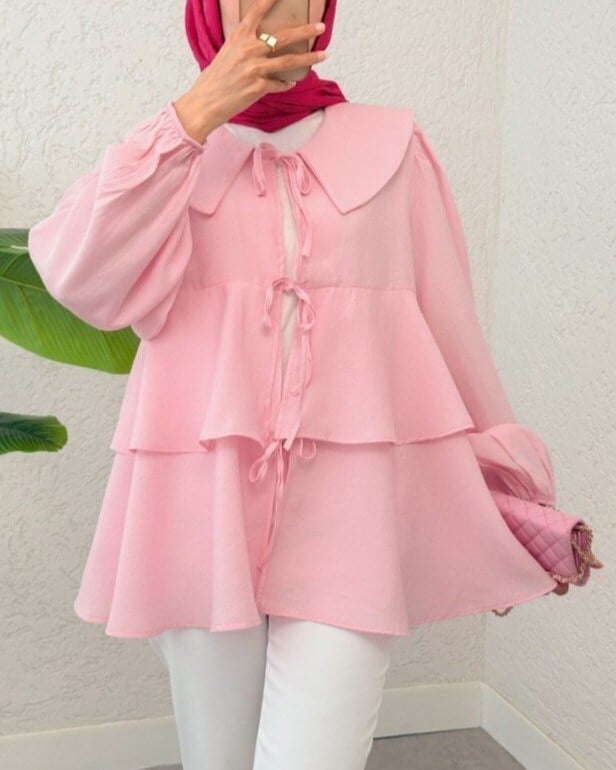Bebe Yaka Önü Bağcıklı Eteği Katlı Kimono -Pembe