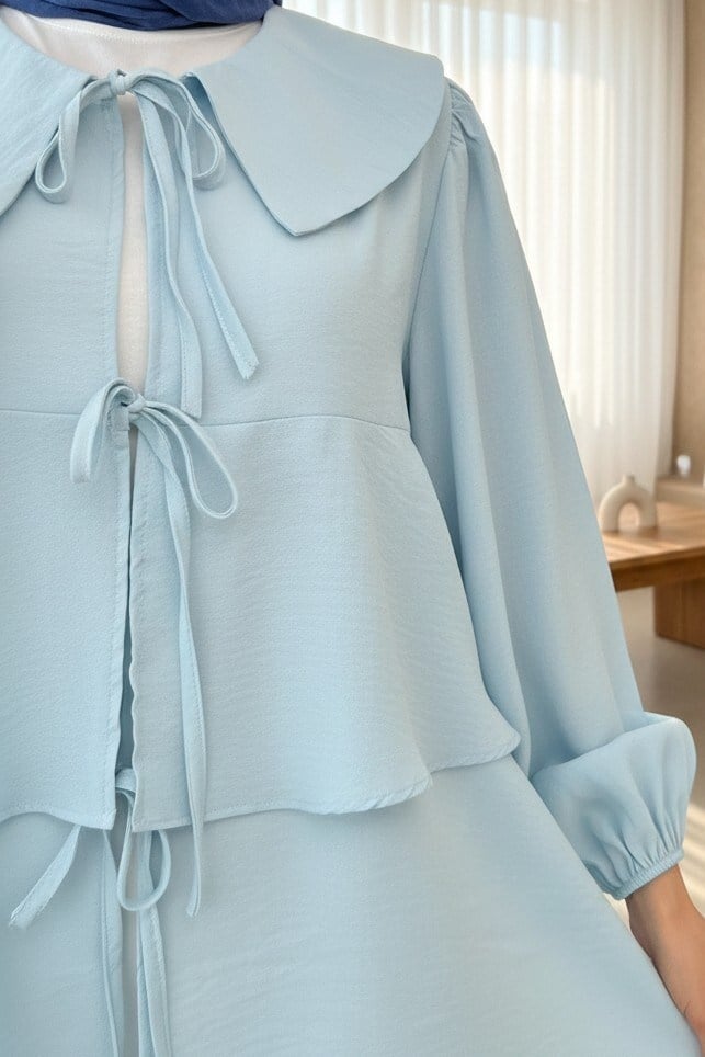 Bebe Yaka Önü Bağcıklı Eteği Katlı Kimono -Bebe Mavi