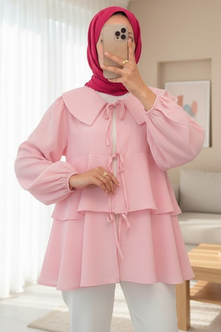 Bebe Yaka Önü Bağcıklı Eteği Katlı Kimono -Pembe