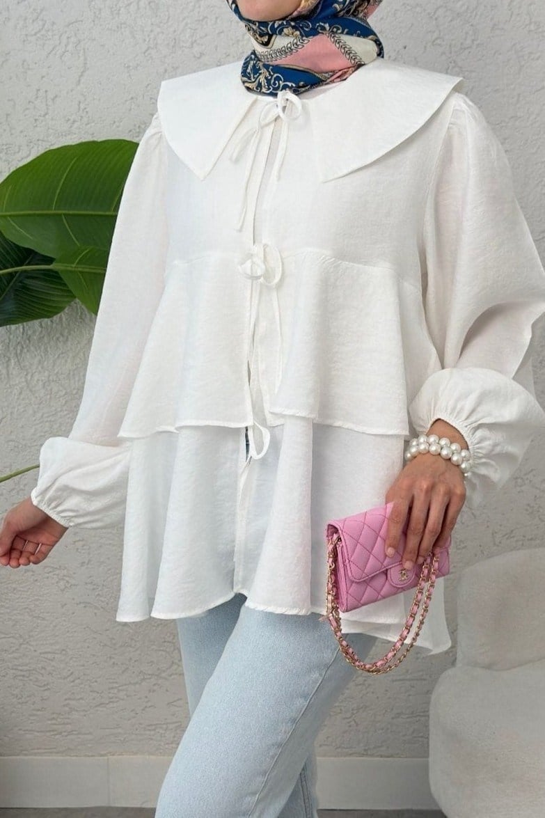 Bebe Yaka Önü Bağcıklı Eteği Katlı Kimono -Beyaz