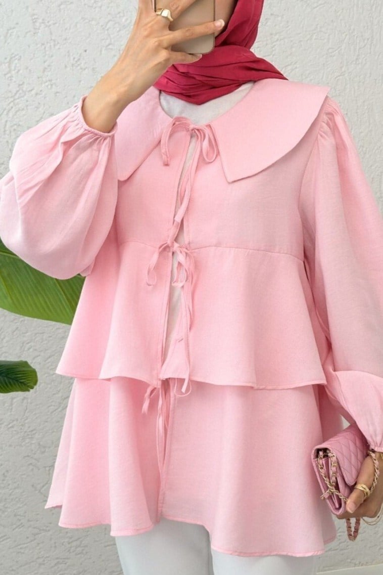 Bebe Yaka Önü Bağcıklı Eteği Katlı Kimono -Pembe