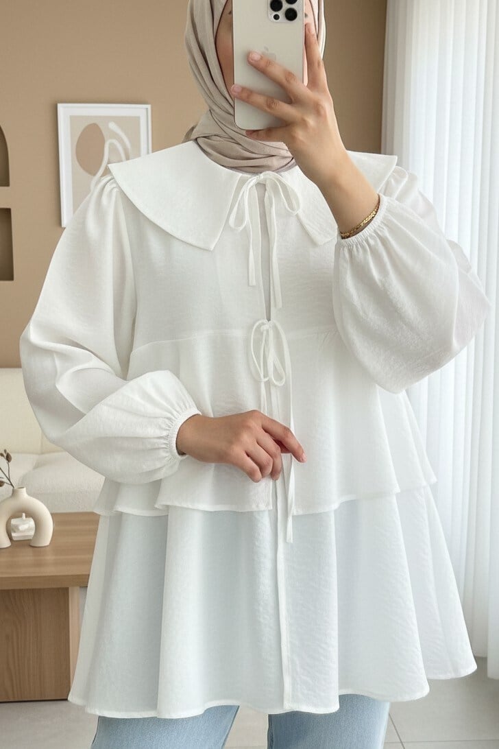 Bebe Yaka Önü Bağcıklı Eteği Katlı Kimono -Beyaz