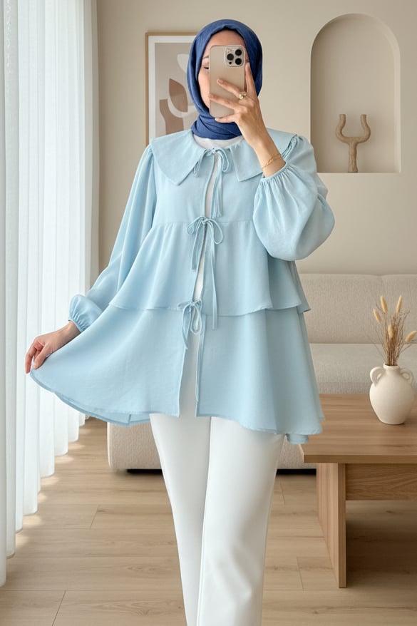 Bebe Yaka Önü Bağcıklı Eteği Katlı Kimono -Bebe Mavi