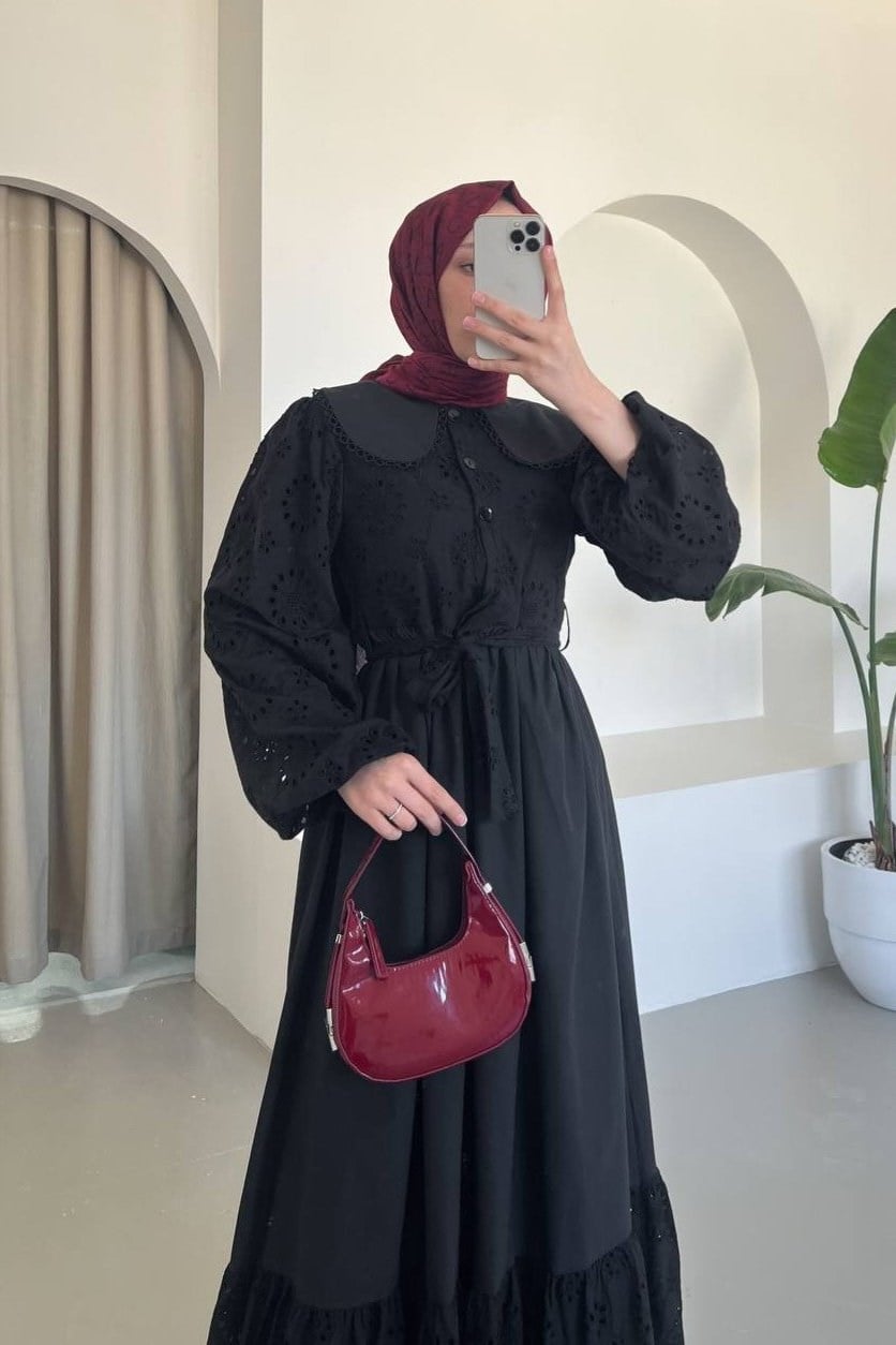 Bebe Yaka Yarım Düğmeli Fistolu Elbise  -Siyah