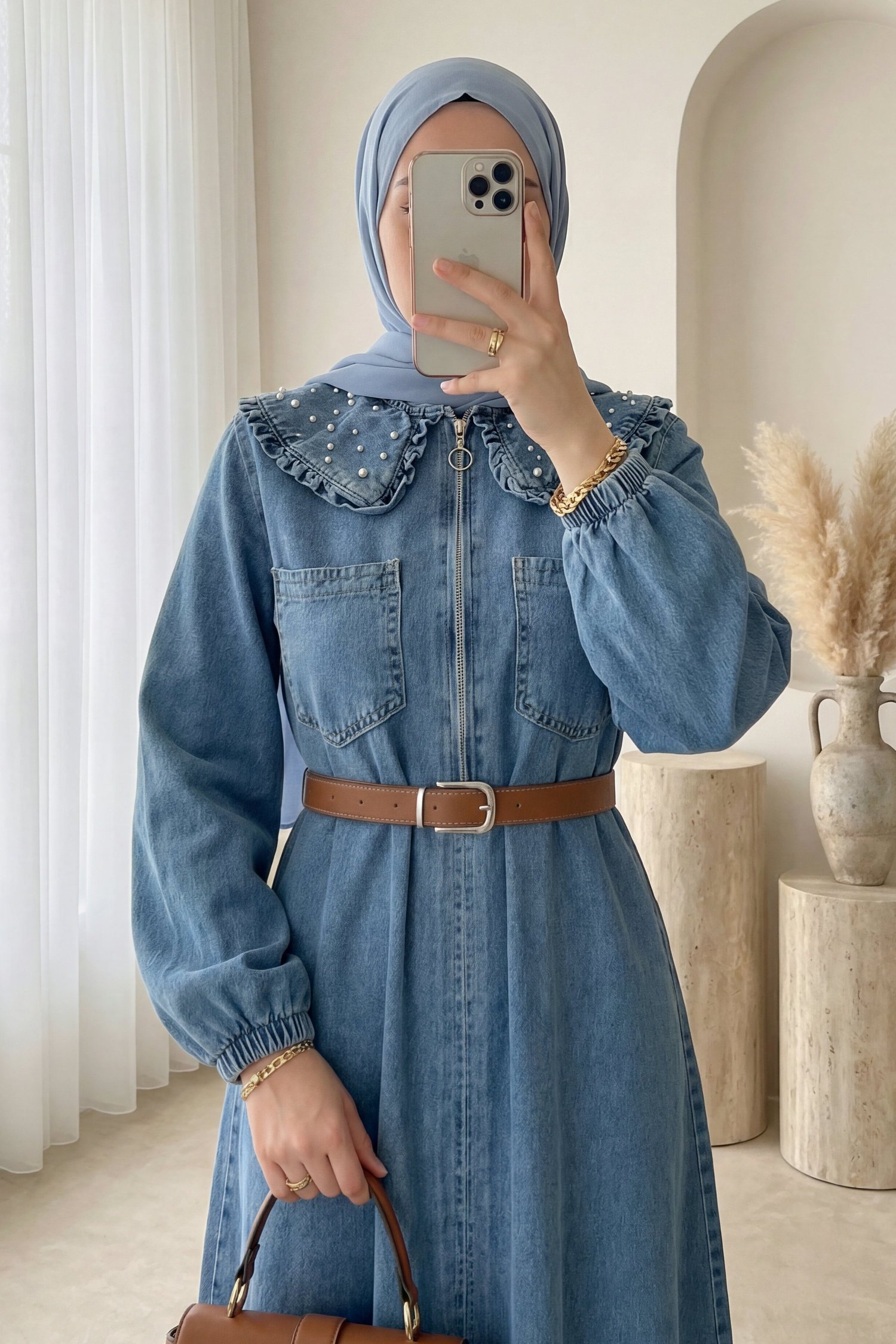 Bebe Yaka Yarım Fermuarlı İnci Detaylı Kemerli Kot Elbise -Buz Mavi