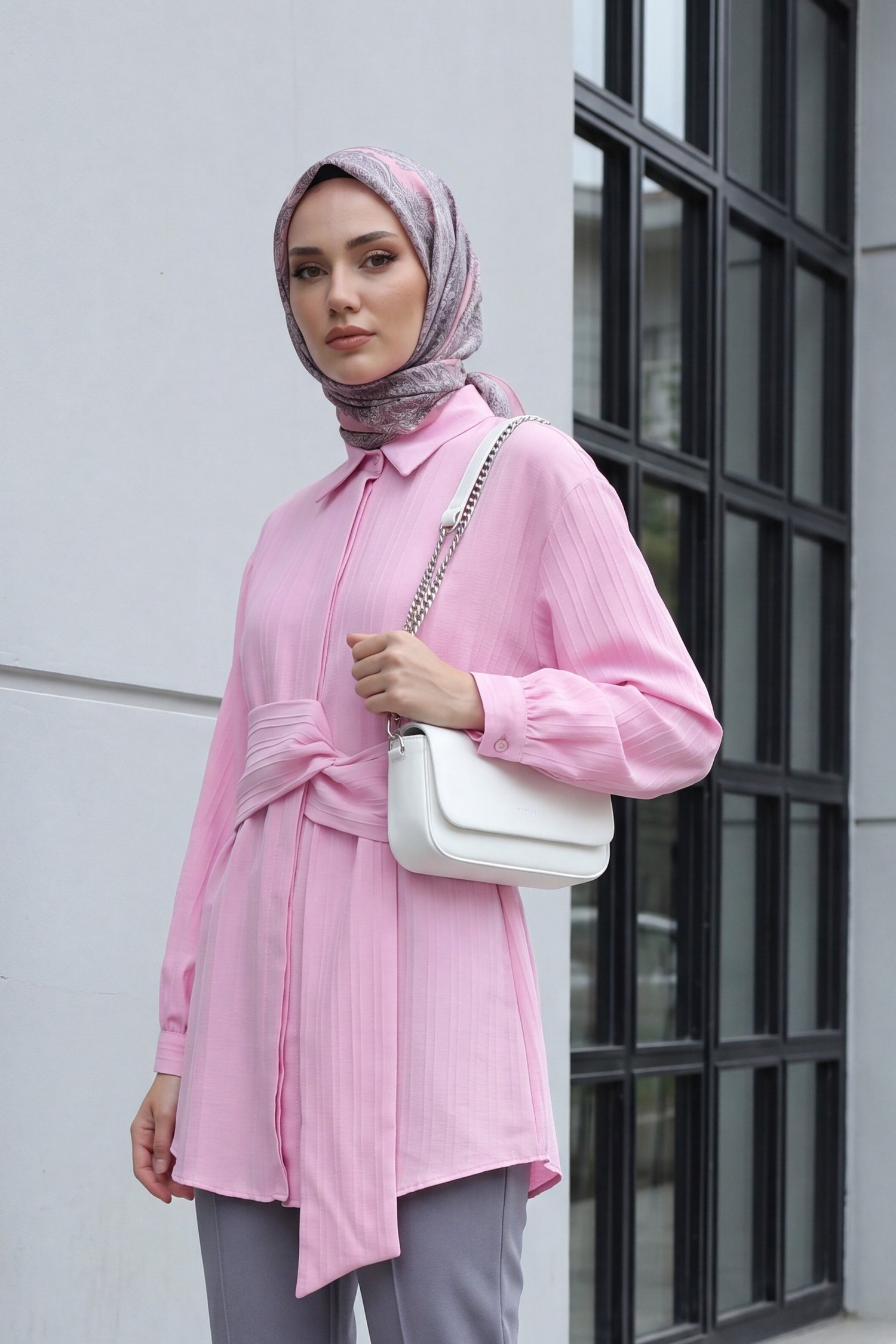 Belden Bağlamalı Fitlli Krinkıl Gömlek   -Pembe