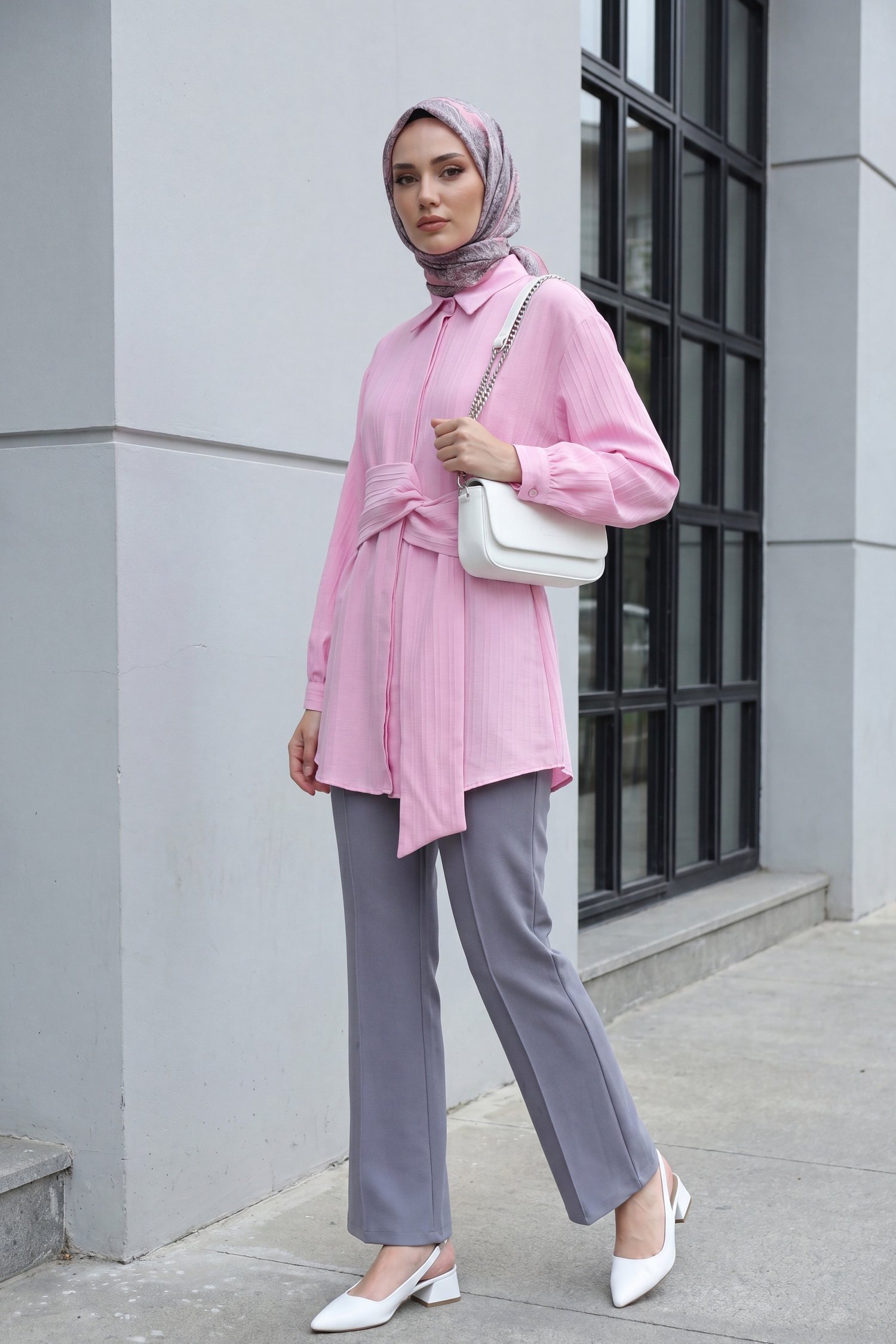 Belden Bağlamalı Fitlli Krinkıl Gömlek   -Pembe
