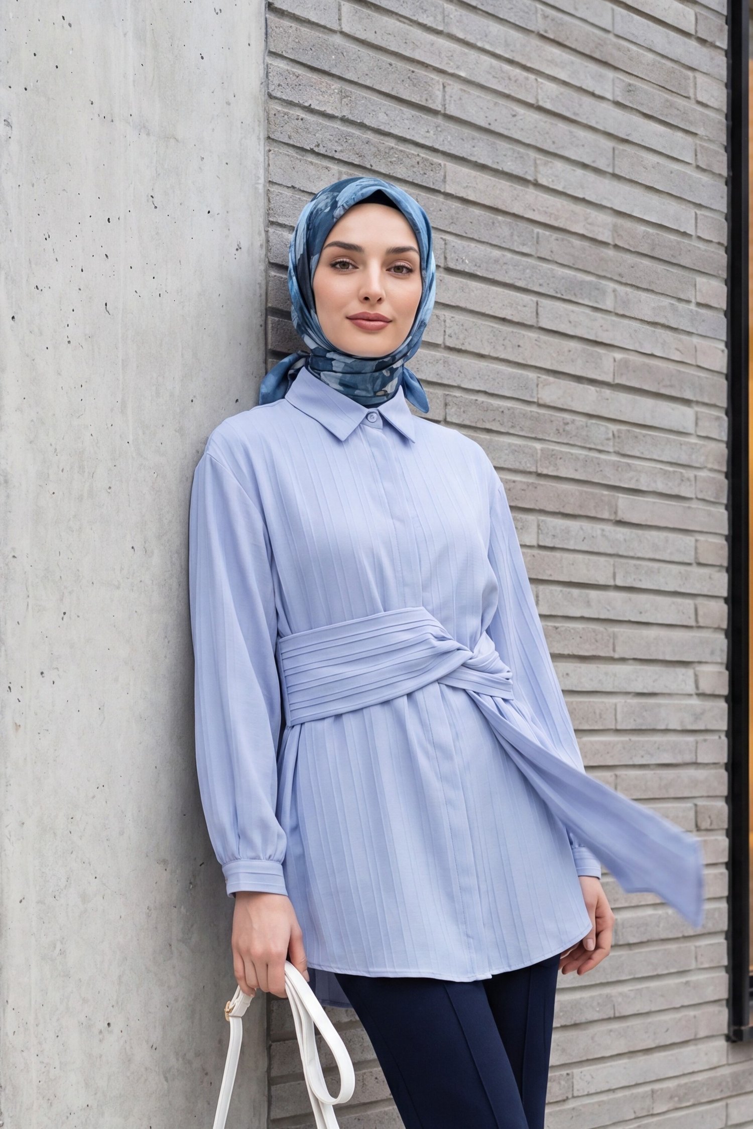 Belden Bağlamalı Fitlli Krinkıl Tunik -Buz Mavi