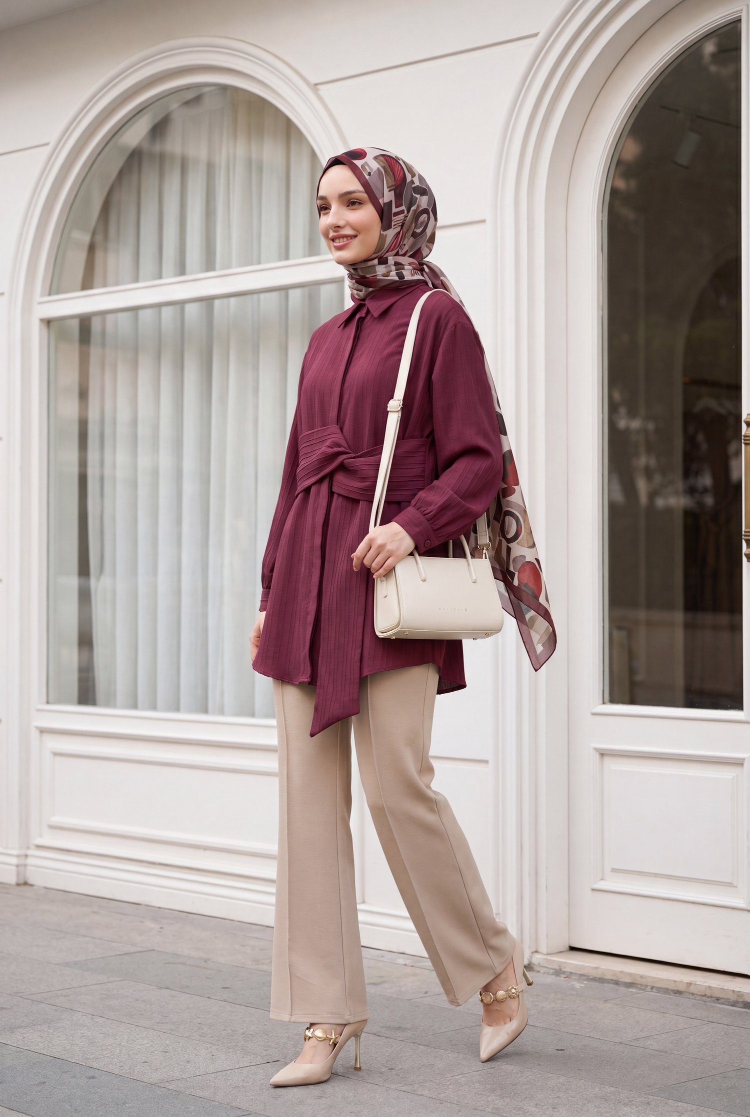 Belden Bağlamalı Fitlli Krinkıl Tunik -Bordo