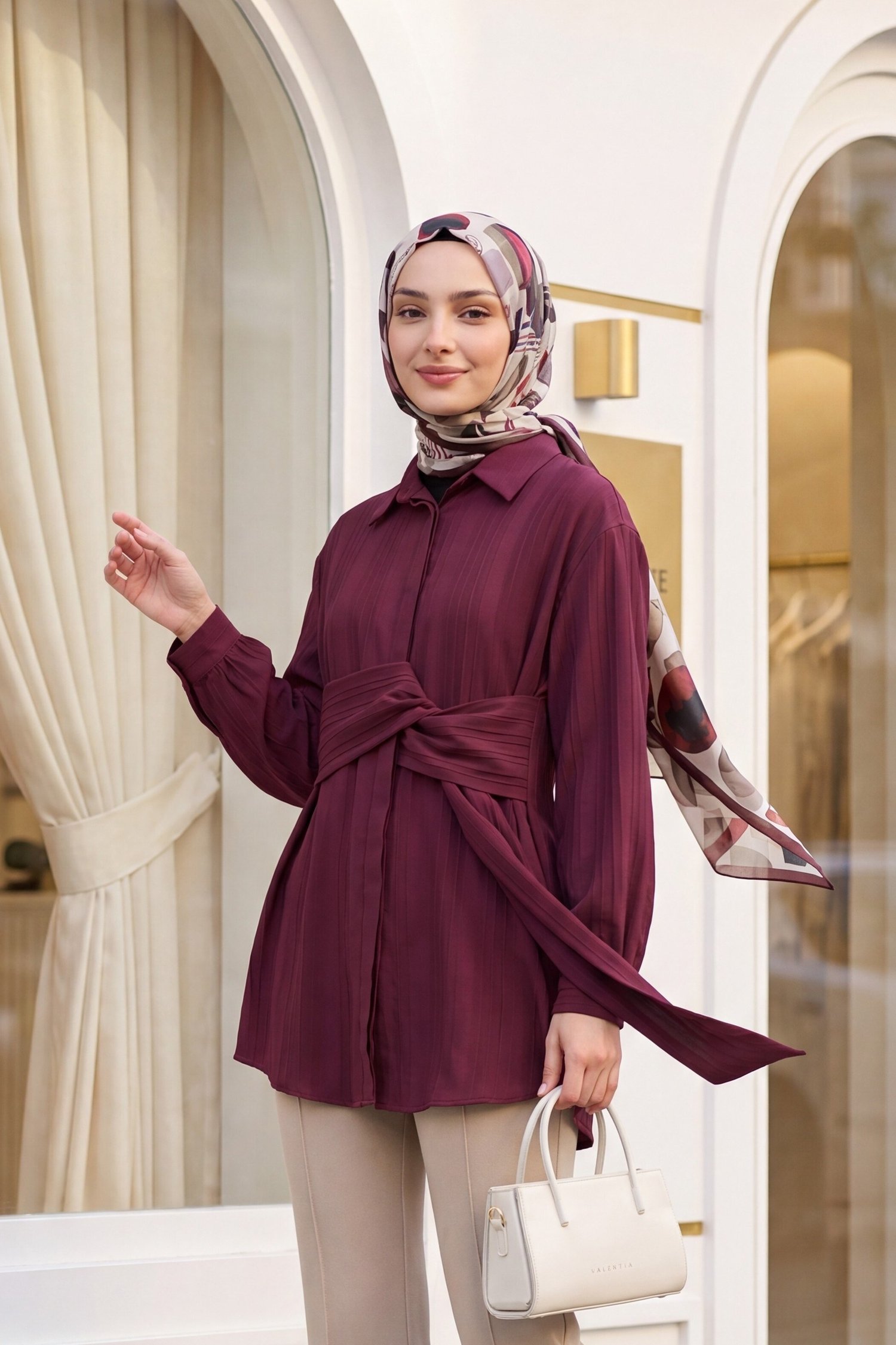 Belden Bağlamalı Fitlli Krinkıl Tunik -Bordo